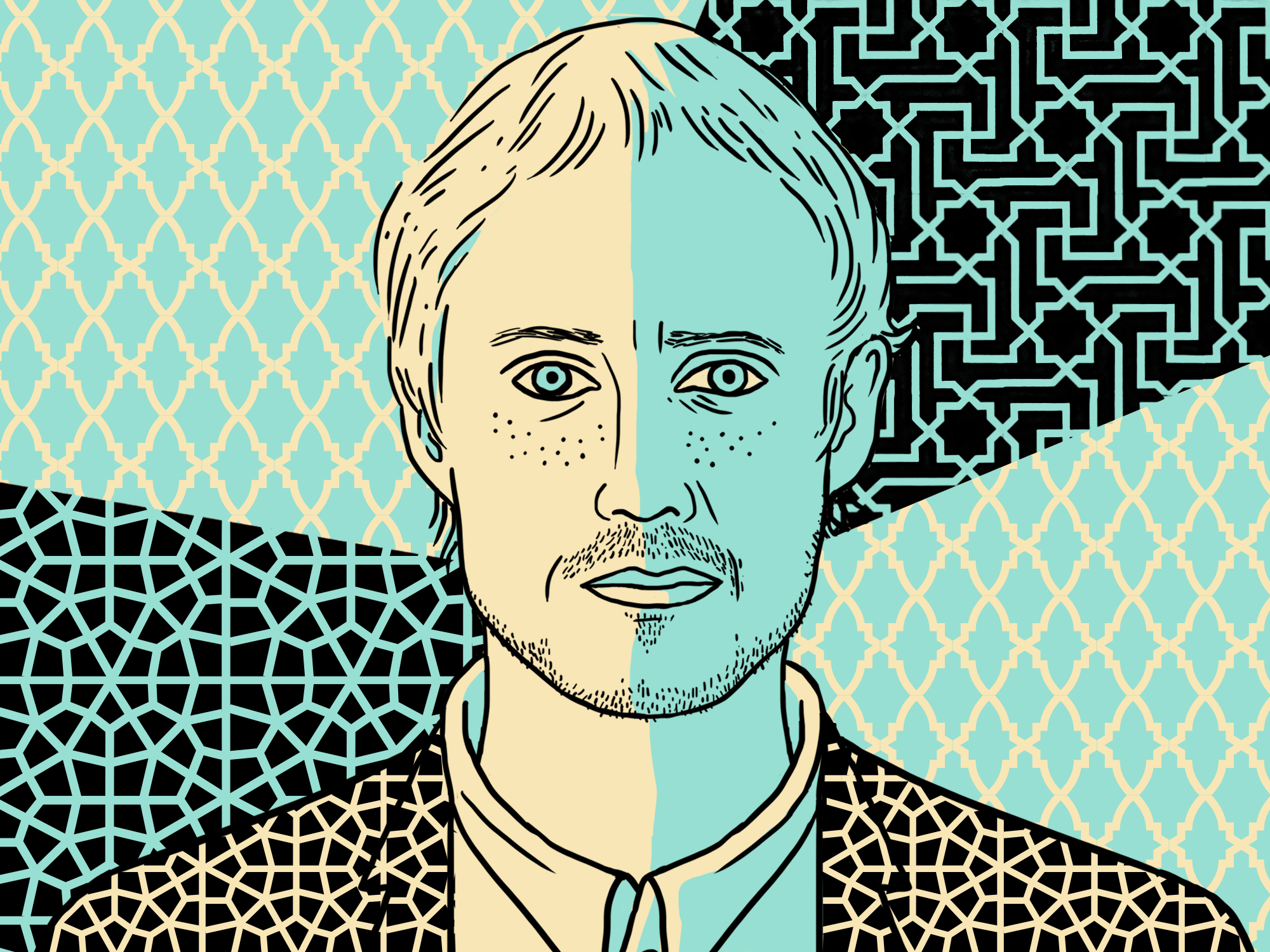 Illustrated portrait of a man with blonde hair and a mustache, set against a vibrant geometric background in turquoise, black, and cream tones.