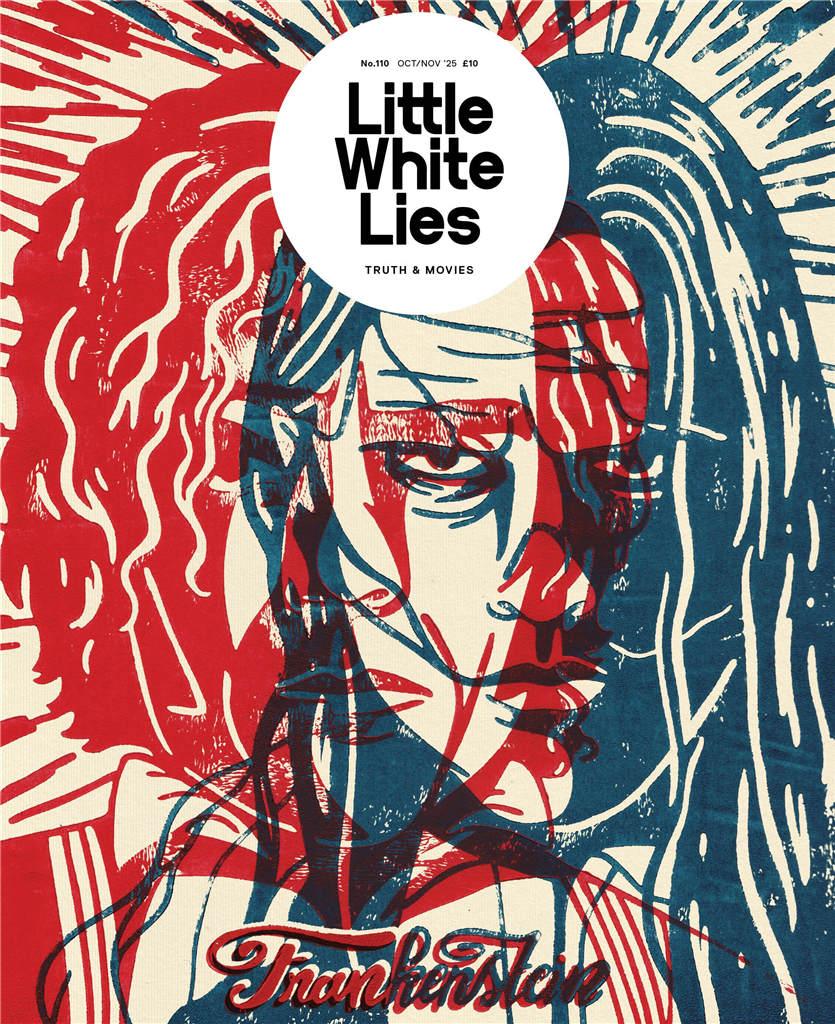 Magazine cover with red, blue and cream colour scheme. Central white circle contains "Little White Lies" text. Stylised portrait beneath shows fragmented face with flowing hair lines radiating outward in distressed print style.
