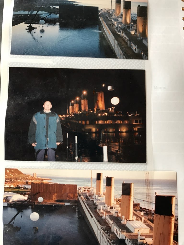 A series of scanned film photographs from James Cameron's Titanic, showing the ship, and Jon Haney, a young white male, standing by it.
