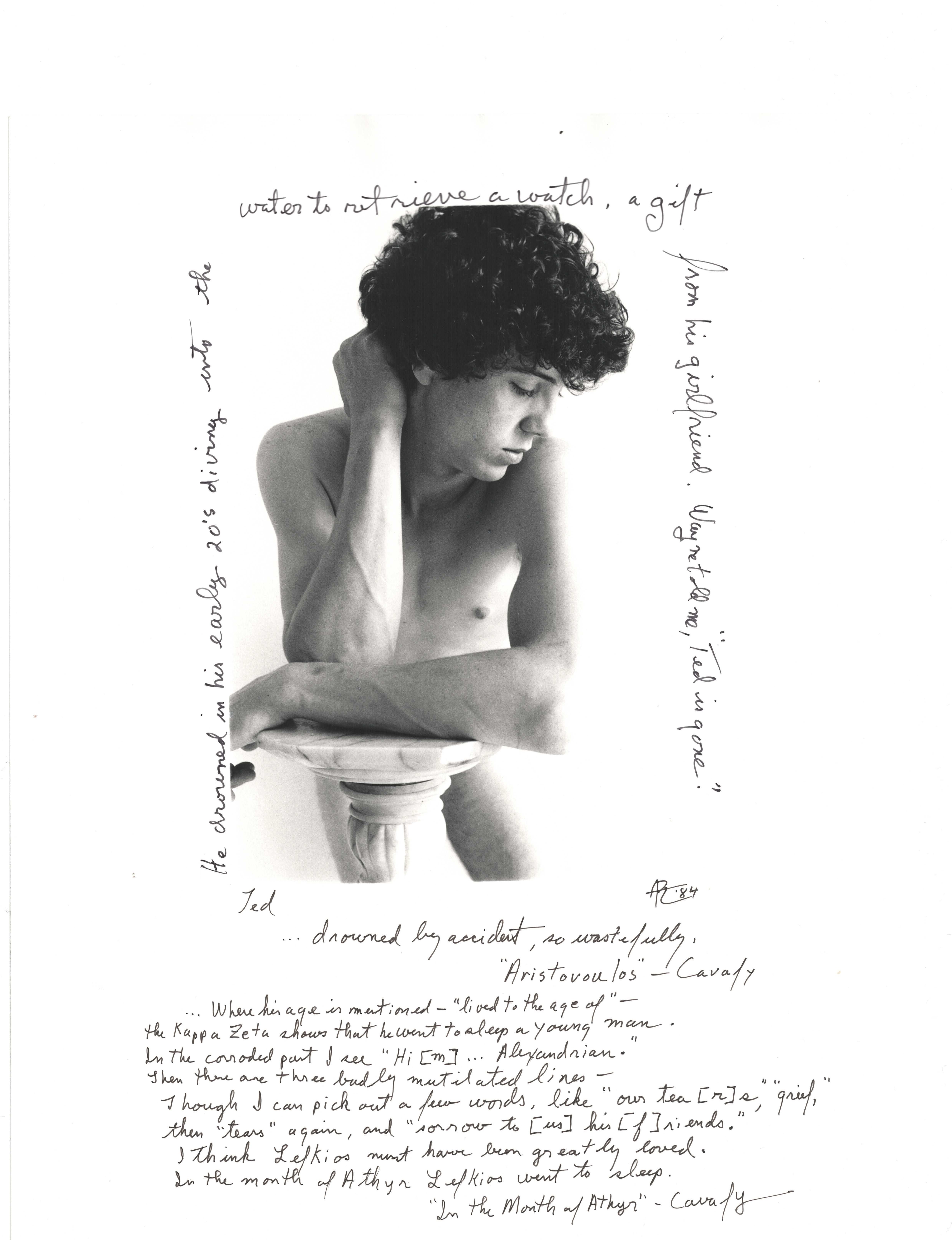 Black and white portrait of shirtless man with curly hair, hand to head, surrounded by handwritten text on white paper.