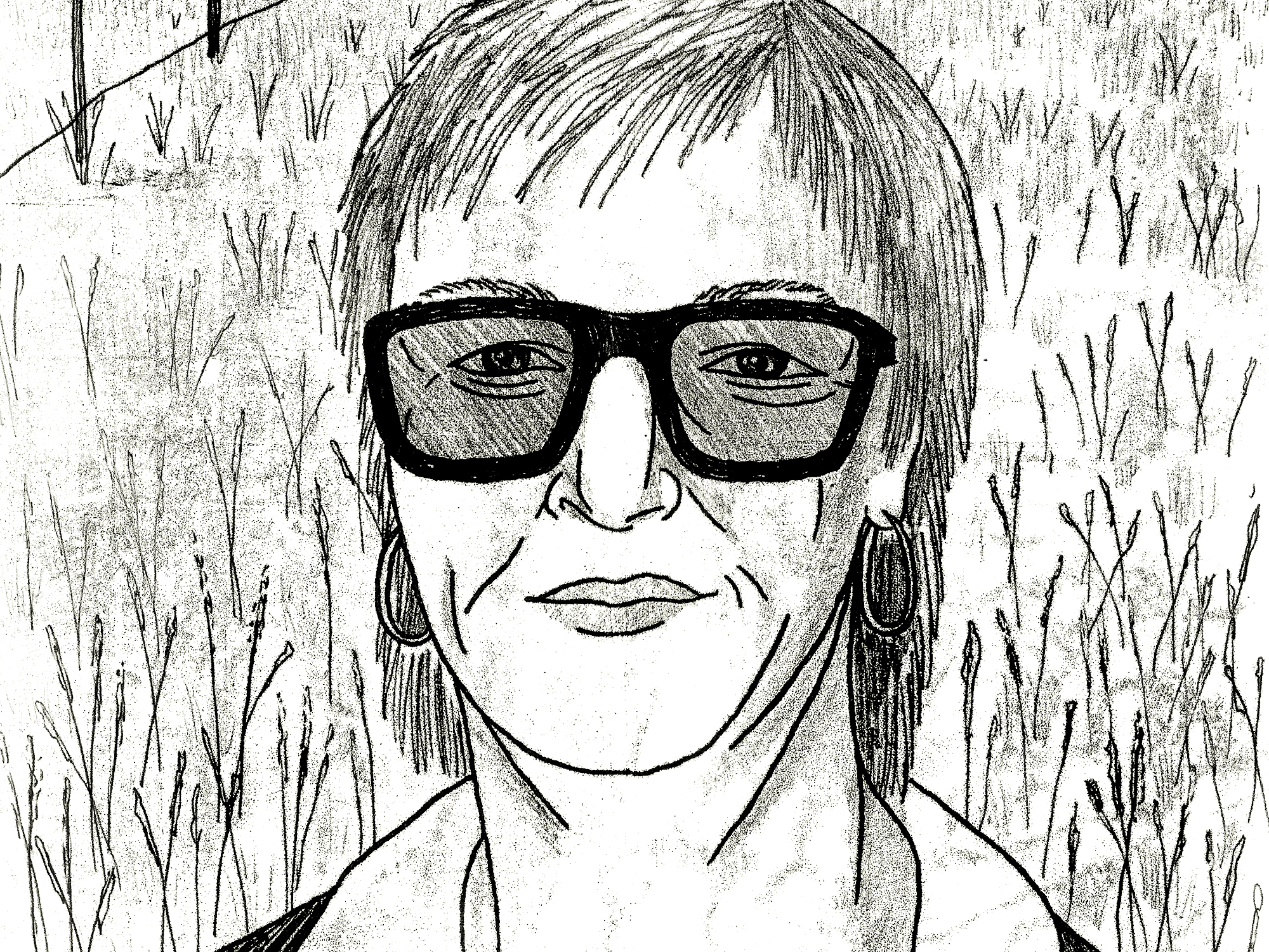 Black ink drawing of person with shoulder-length hair, thick-rimmed glasses, and dangly earrings against textured background with vertical lines.