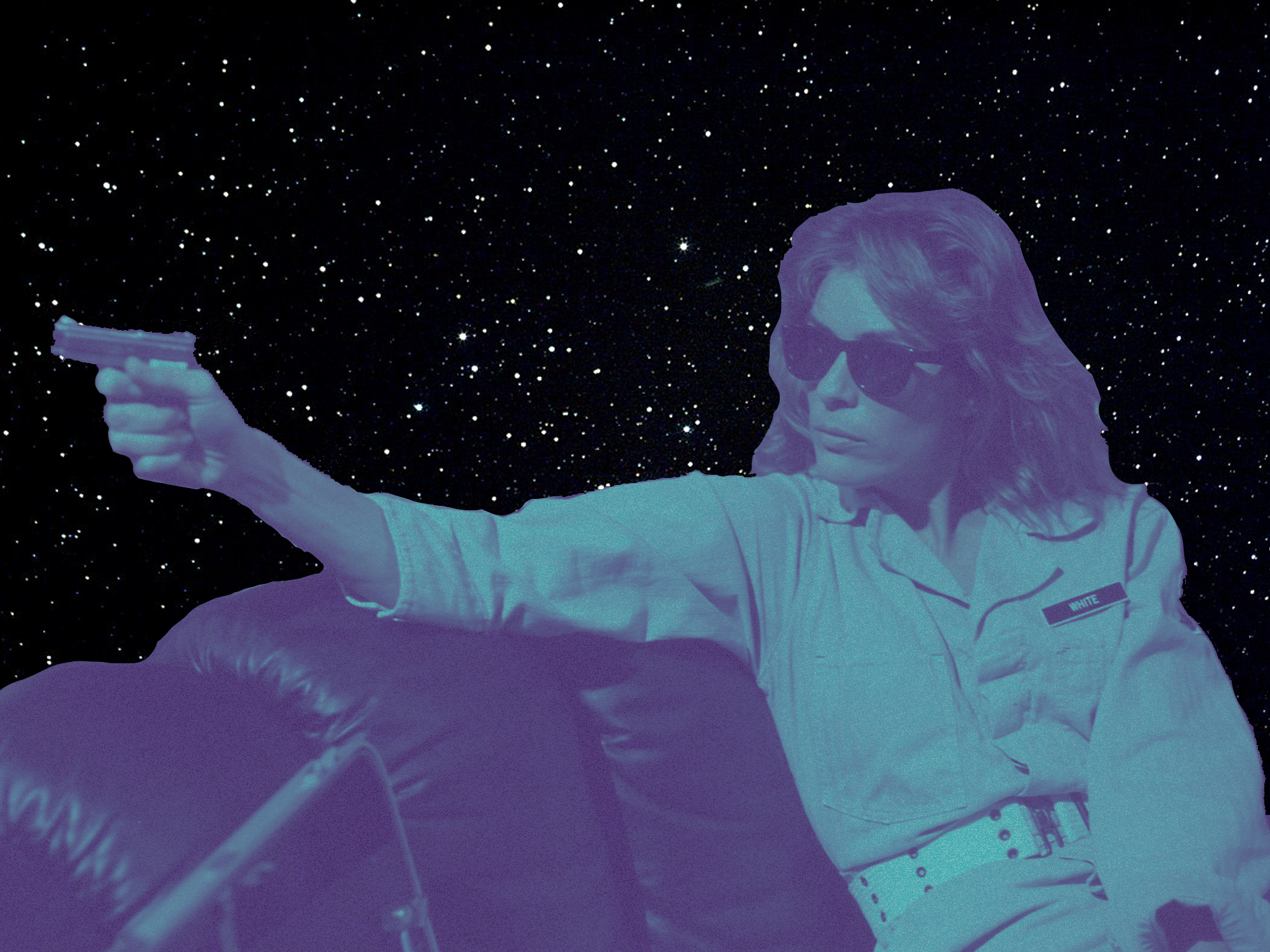 Astronaut in purple and turquoise tones holding object with outstretched arm against black starry background.