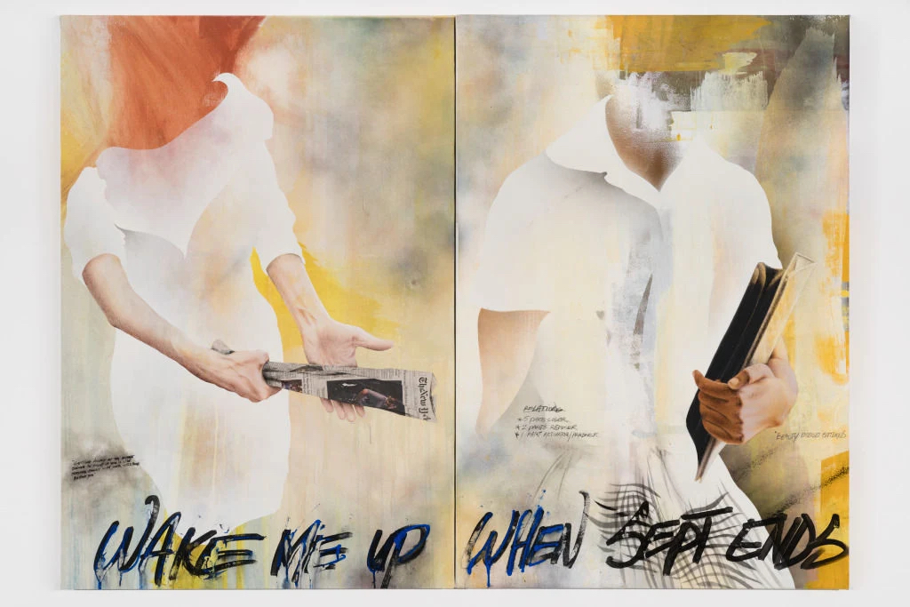 Abstract diptych with blurred white figures holding dark objects against pale yellow and beige backgrounds. Black handwritten text below reads "WAKE ME UP" and "WHEN SEPTEMBER ENDS".