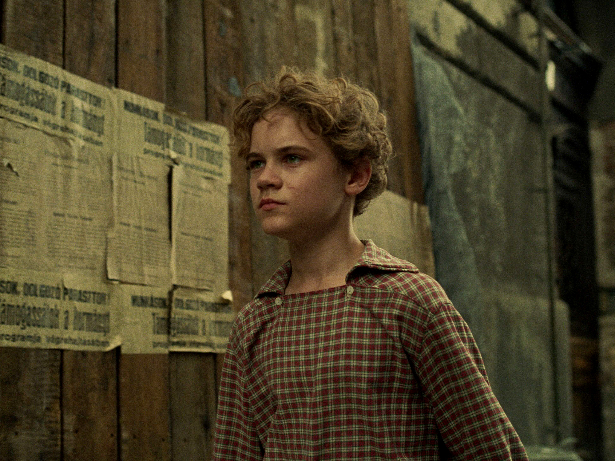 Child with curly blonde hair wearing plaid shirt stands in front of wooden wall covered with newspapers and notices.