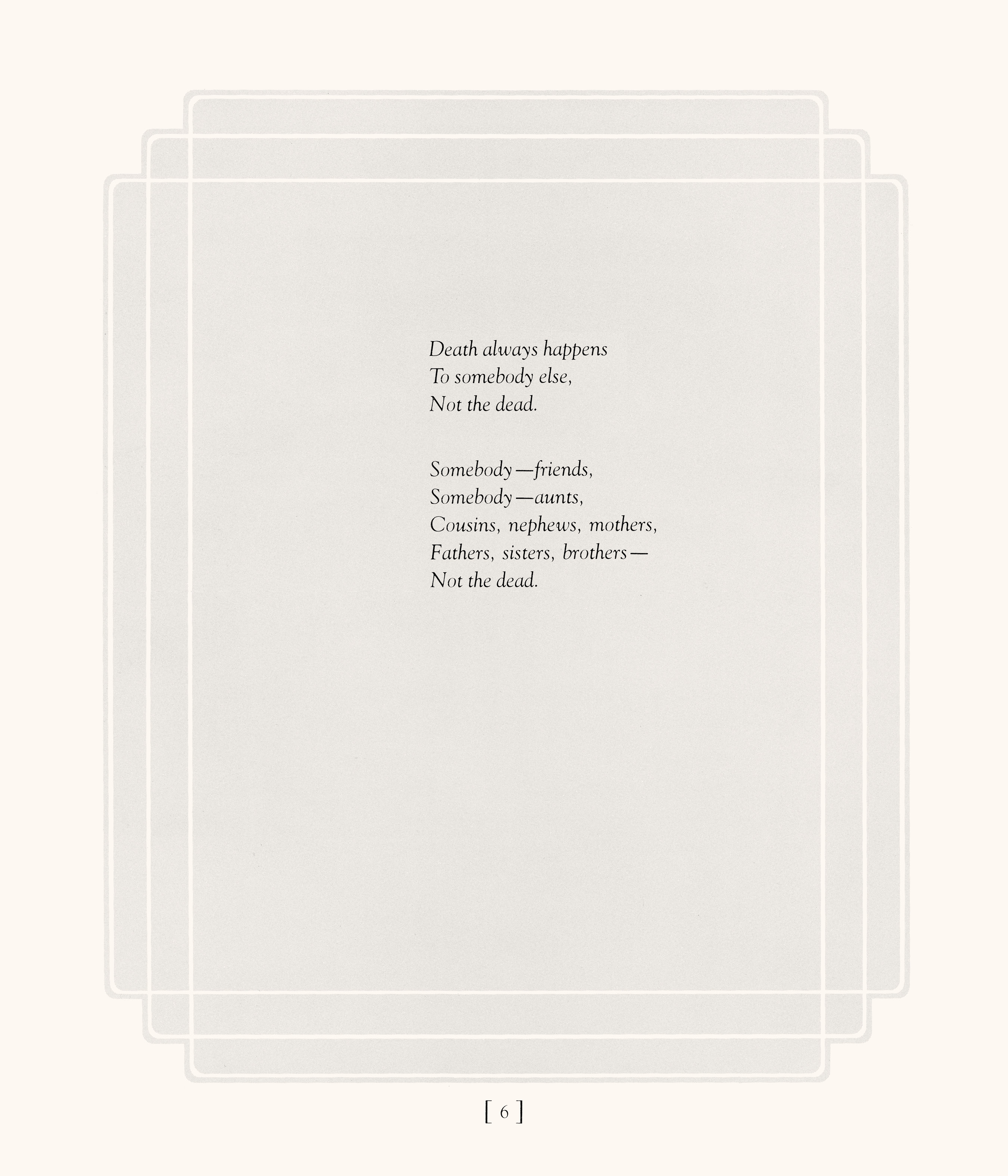 Light green rectangular frames layered on pale pink background with centred black text poem about death and relationships.