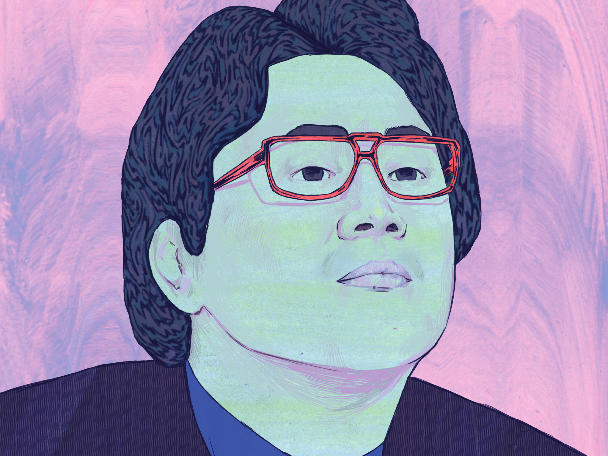 Stylised portrait with mint green face, dark navy hair, red-framed glasses, and dark suit against pink-purple cloudy background.