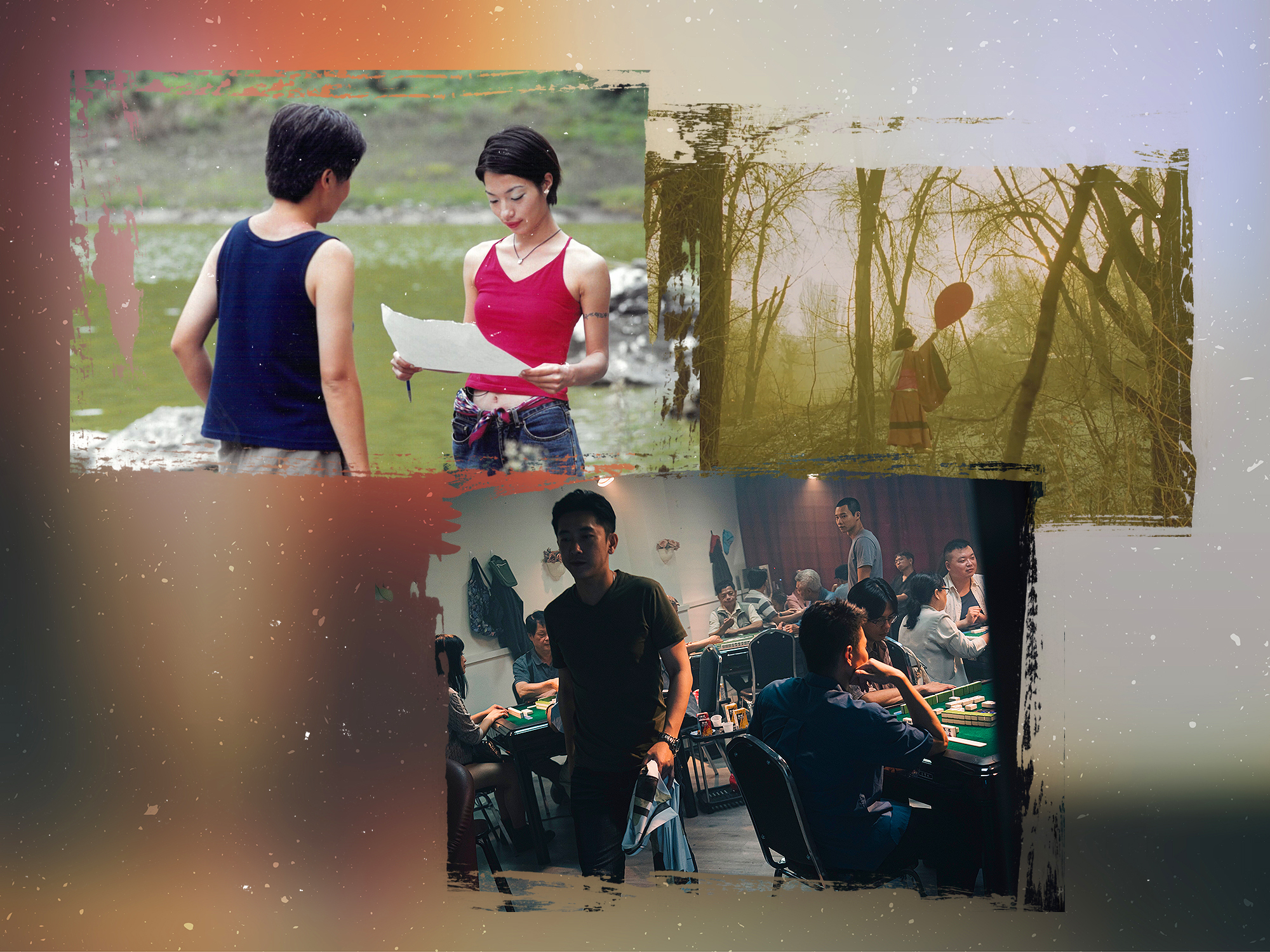 Two people in casual clothes, one wearing a red top, chatting outdoors; people sitting at tables indoors, some playing musical instruments.