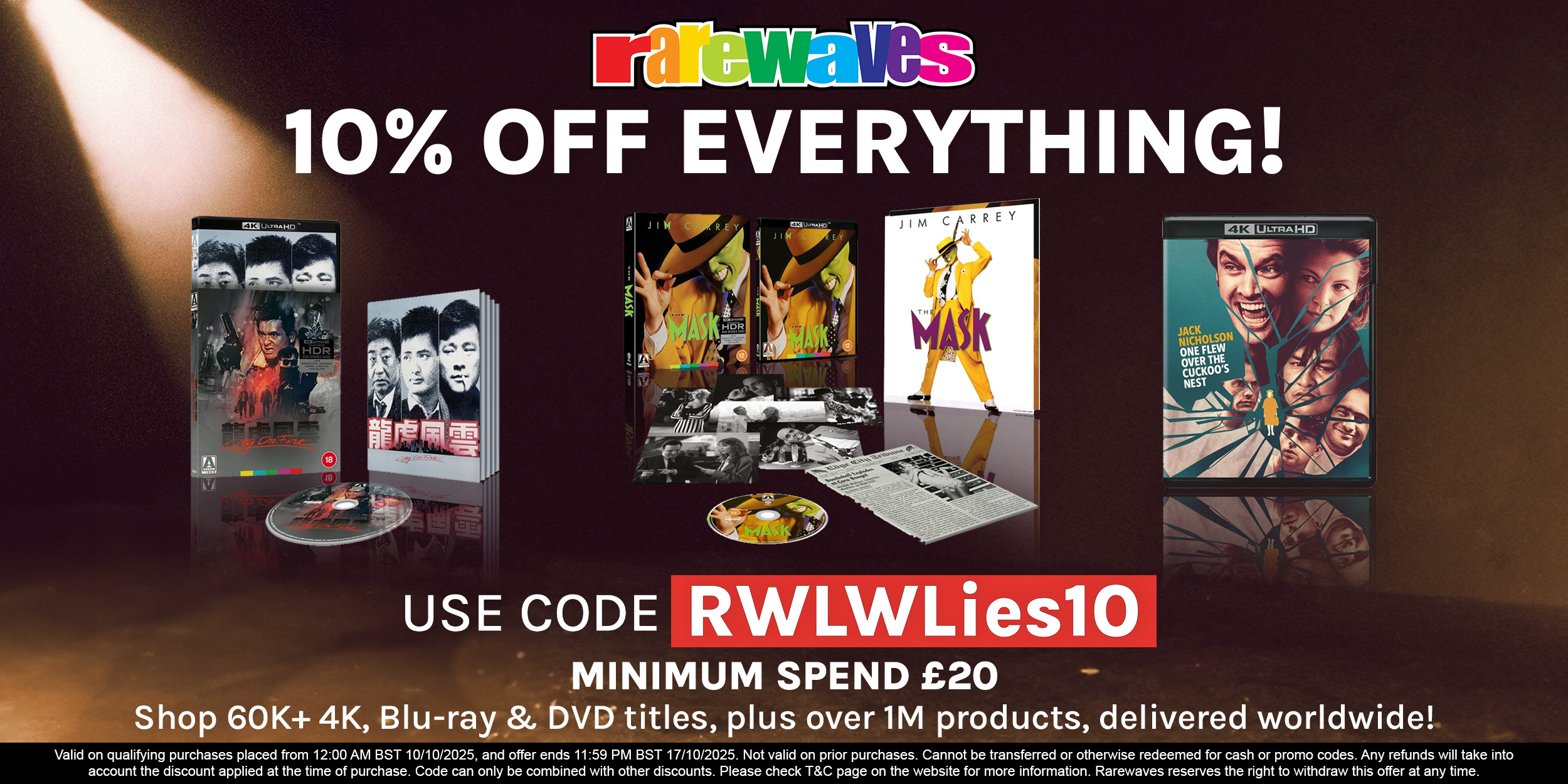 Advertisement banner with RareWaves logo in rainbow letters, white text "10% OFF EVERYTHING!" and product images including DVDs and vinyl records on dark background.