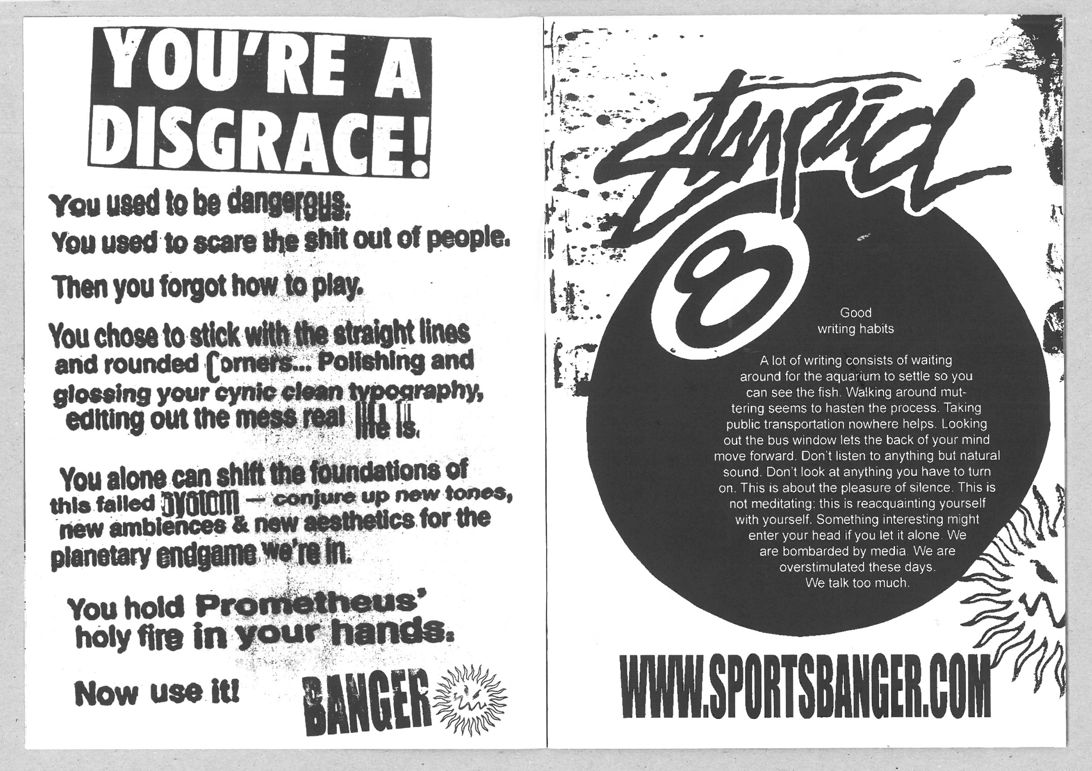 Black and white magazine spread with bold text "YOU'RE A DISGRACE!" on left page, smaller body text below. Right page shows circular logo with "BANGER" text and website URL.