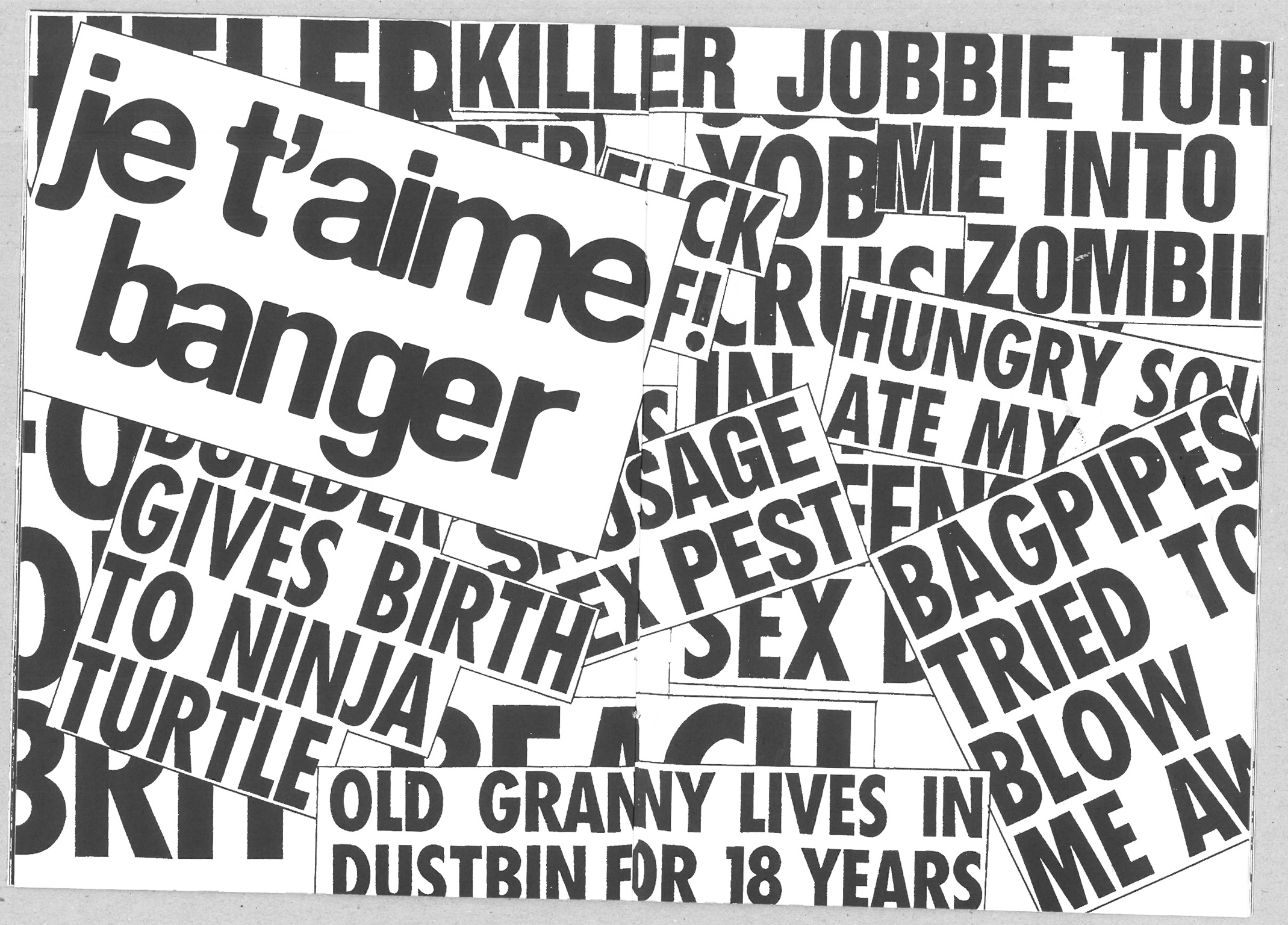 Overlapping newspaper headlines in black text on white background, arranged at various angles creating a collage composition.