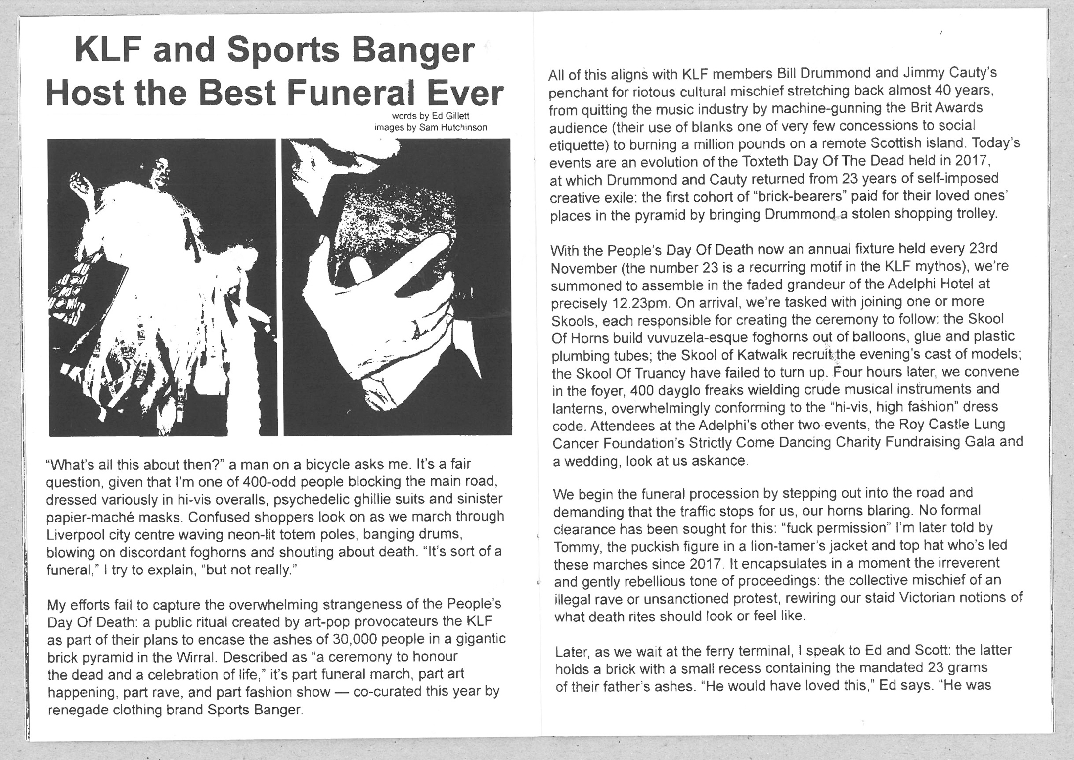 Newspaper page with two-column article titled "KLF and Sports Banger Host the Best Funeral Ever" in black text on white background.