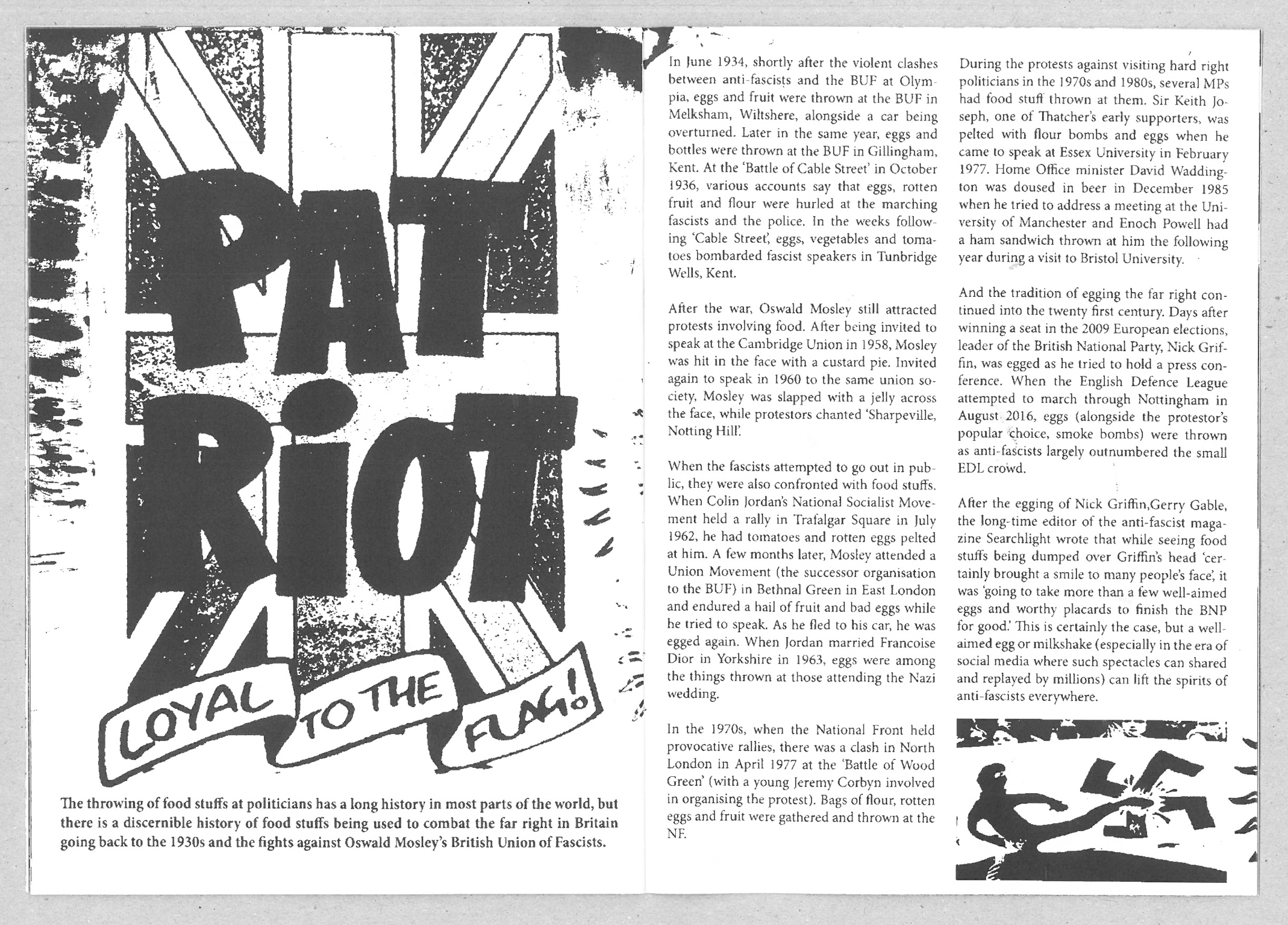 Magazine spread with black and white Union Jack design on left page featuring "LOYAL TO THE CLAN" text, right page contains columns of text.