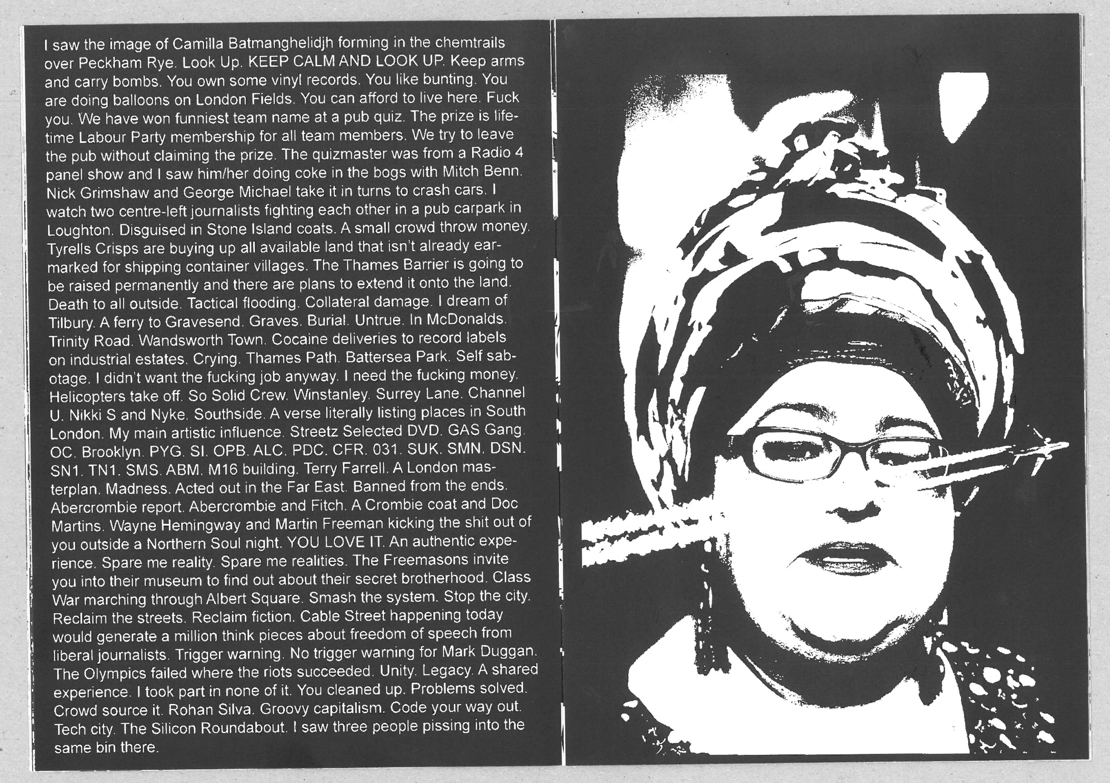 Black and white illustration of a figure in military-style gear with text overlay. High contrast stencil-like artwork on grey background.