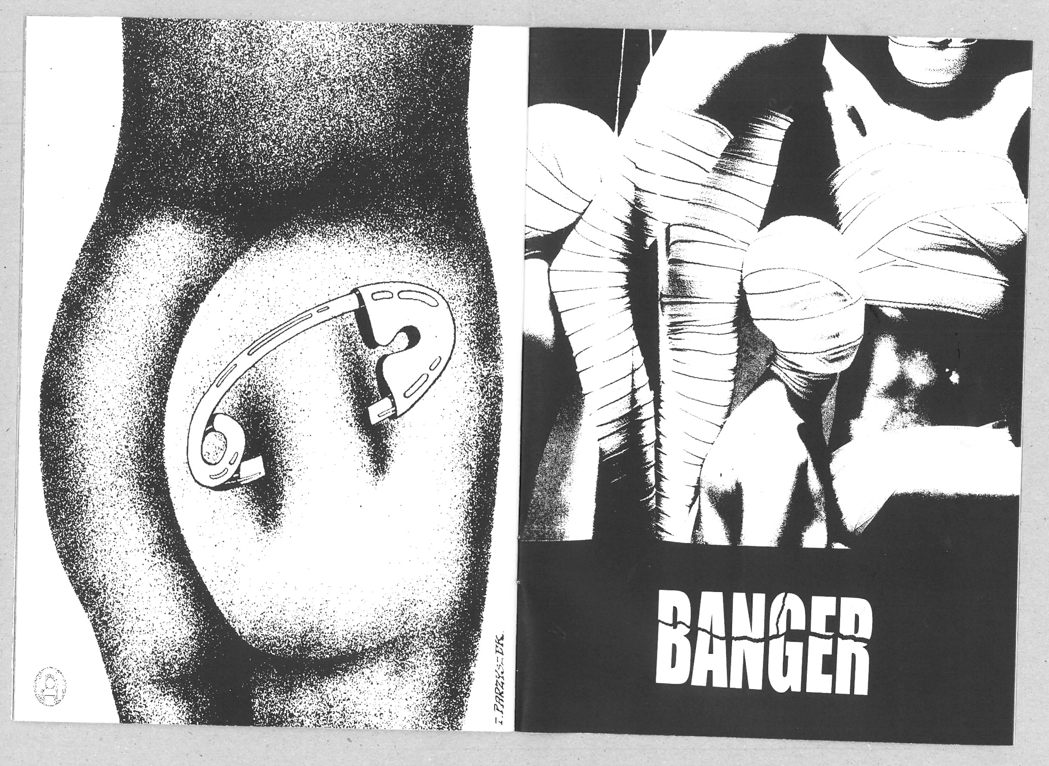 Black and white illustration with two panels: left shows close-up of face with large eyes and dotted shading, right shows figures with "DANGER" text below.