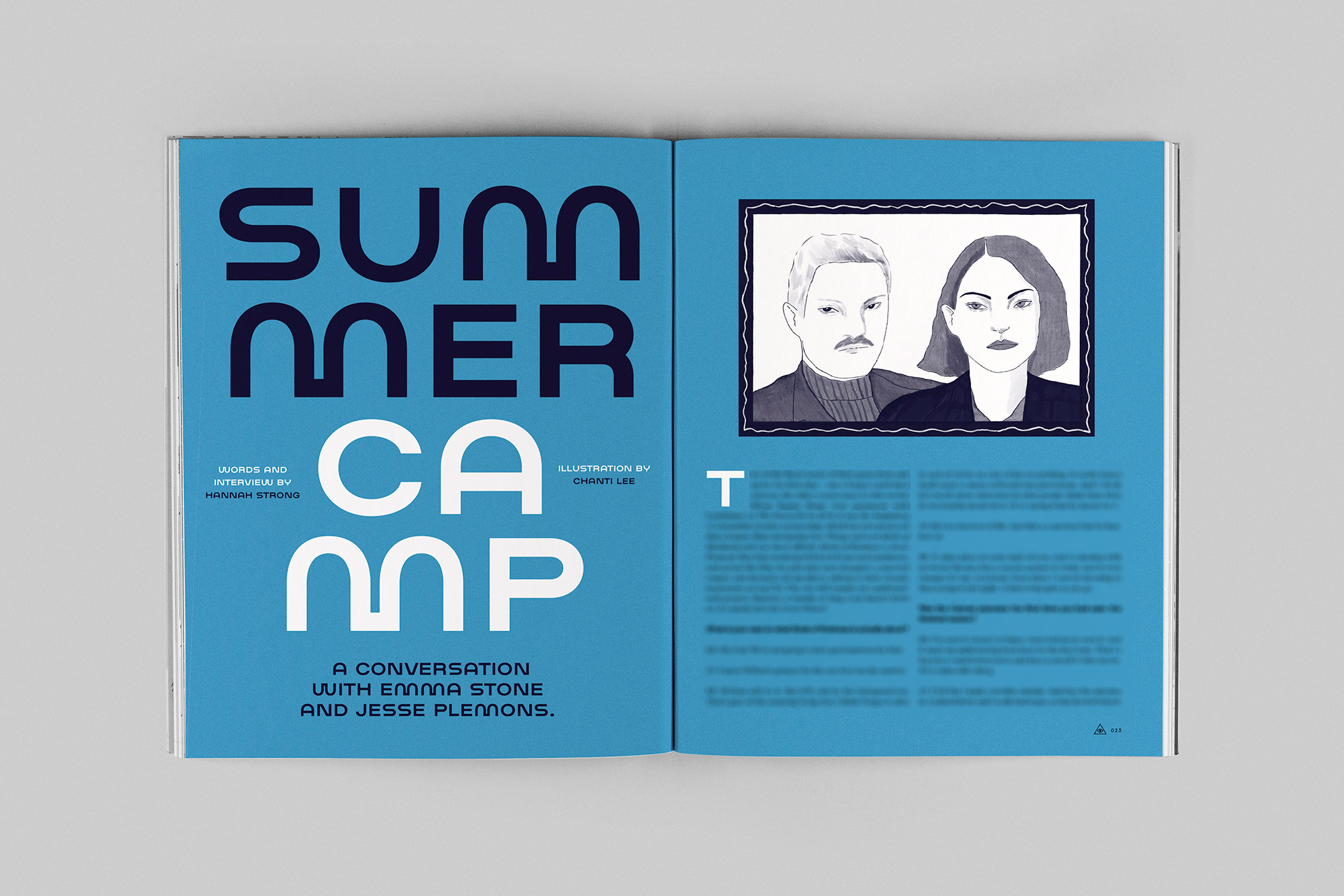 Image of a blue magazine cover with large text that reads "SUMMER CAMP" and a black and white illustration of two heads in profile.