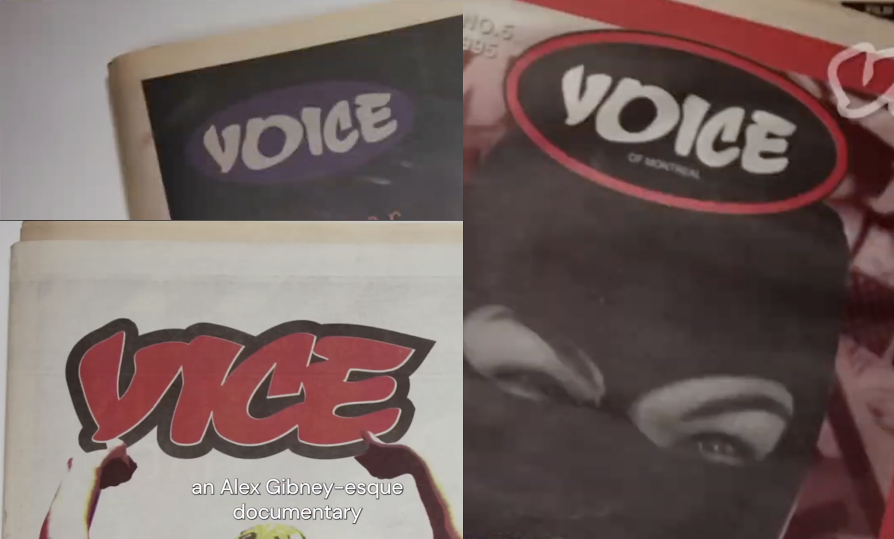 Two magazines with "VOICE" branding - one with white text on black background, another with red oval logo on dark cover featuring partial face.
