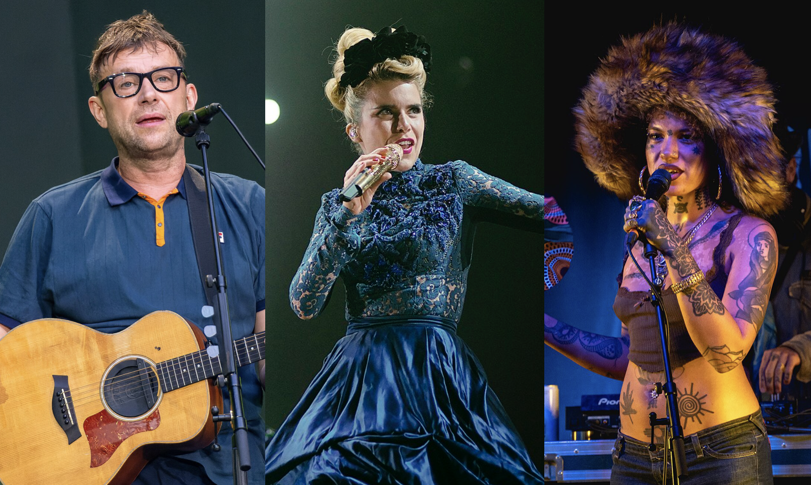 Three musicians performing: man with glasses and acoustic guitar, woman in dark dress at microphone, person with large afro and yellow top.