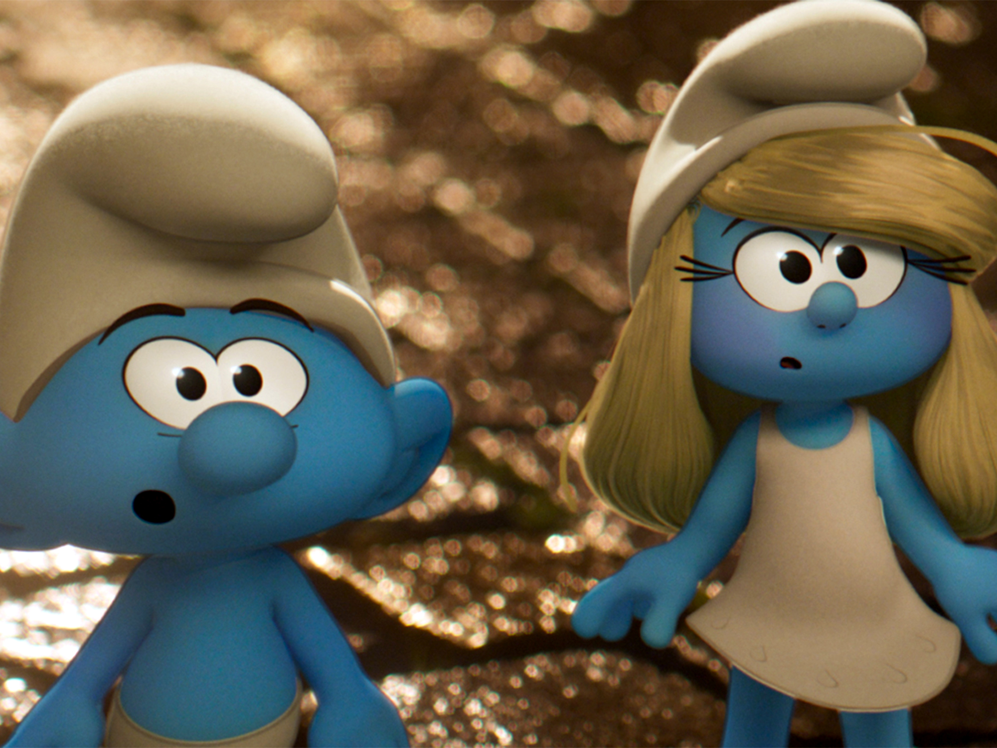 Two blue animated characters with white hats, one with long blonde hair, standing on rocky ground with dappled sunlight.