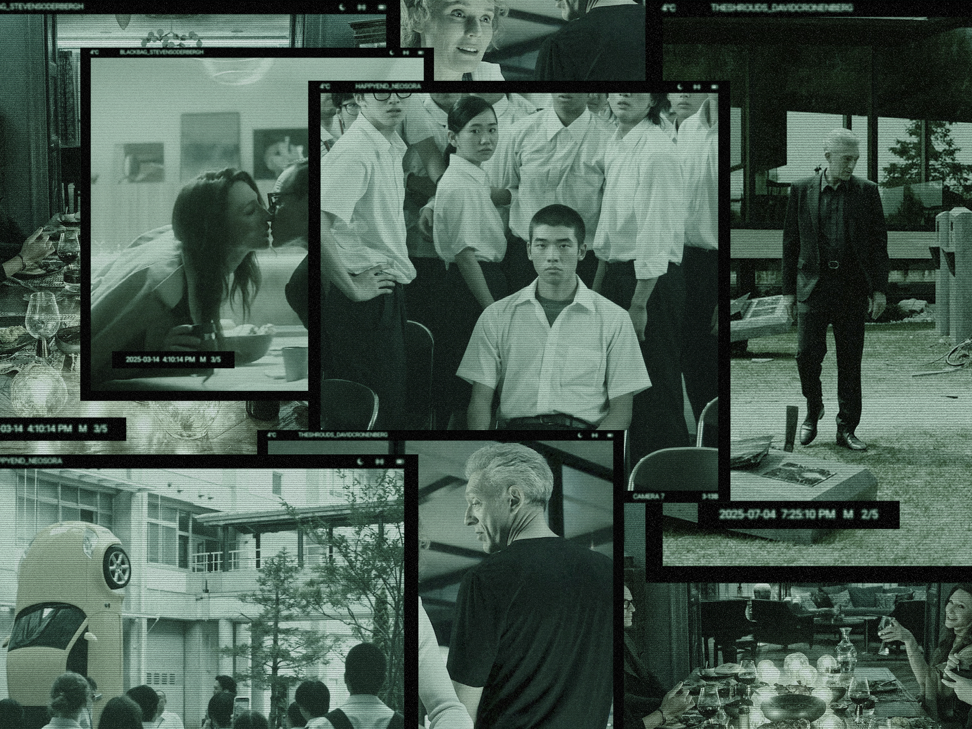 Black and white film strip collage showing multiple overlapping photographs of people, buildings, and street scenes with visible film sprocket holes and frame borders.