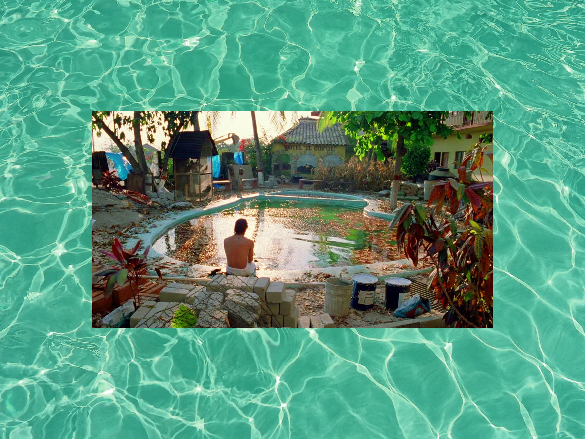 Smaller pool image with person sitting at edge superimposed over bright turquoise water with rippling light patterns.