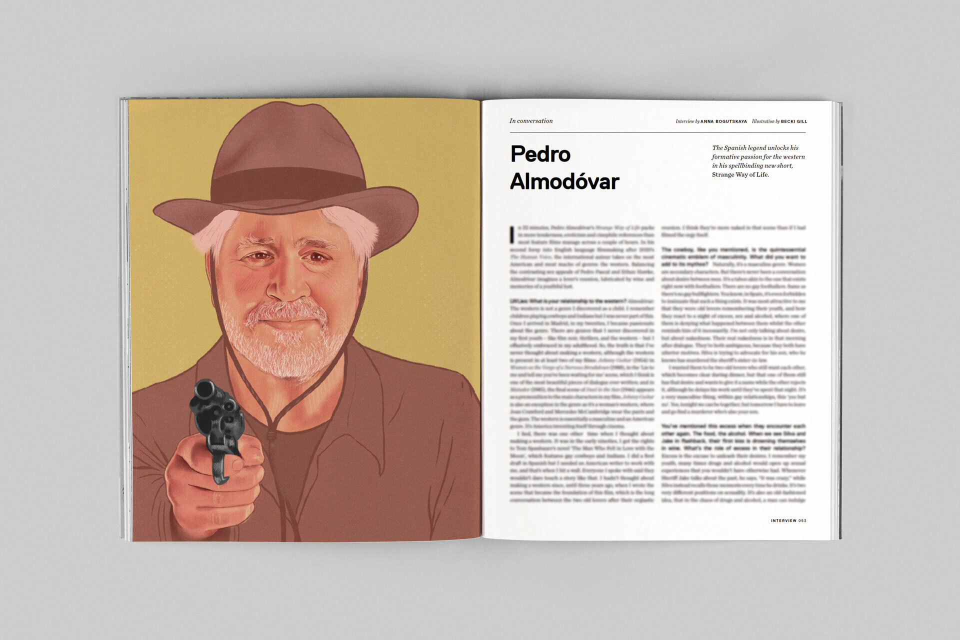 Illustration of a man with a beard wearing a brown hat, holding a gun. Text on opposite page about Pedro Almodóvar.