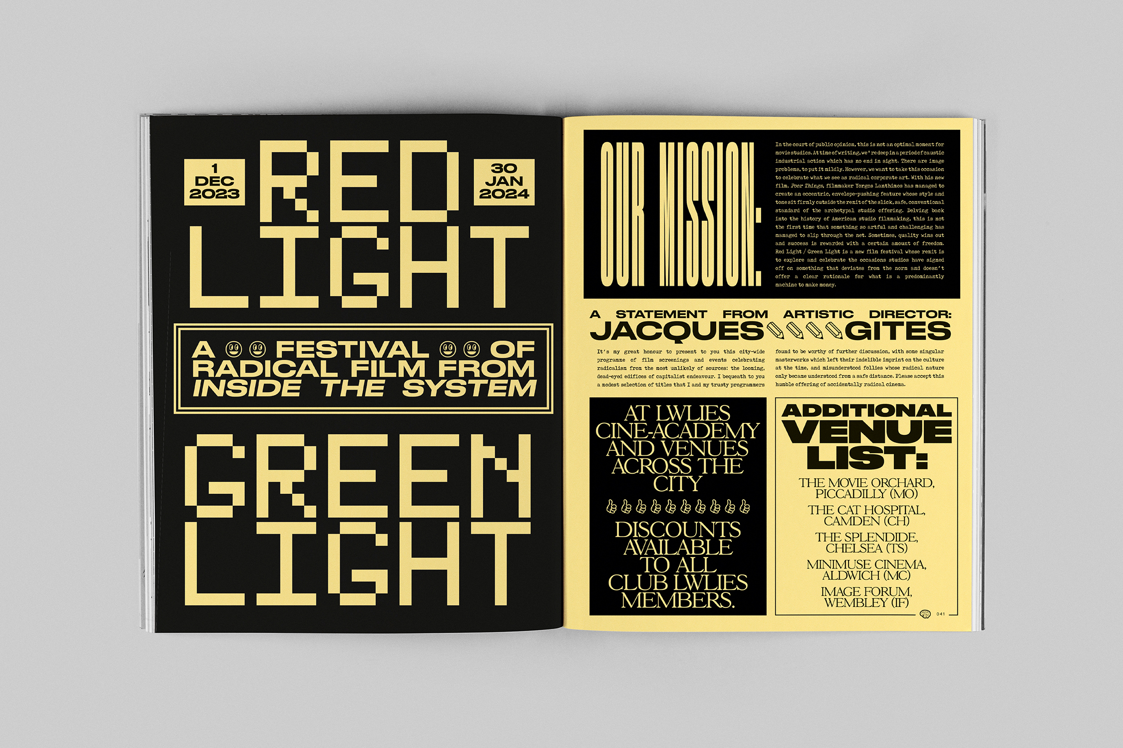 Red light: Green light, a festival of radical film from inside the system. Black and yellow text and graphics on a grey background.