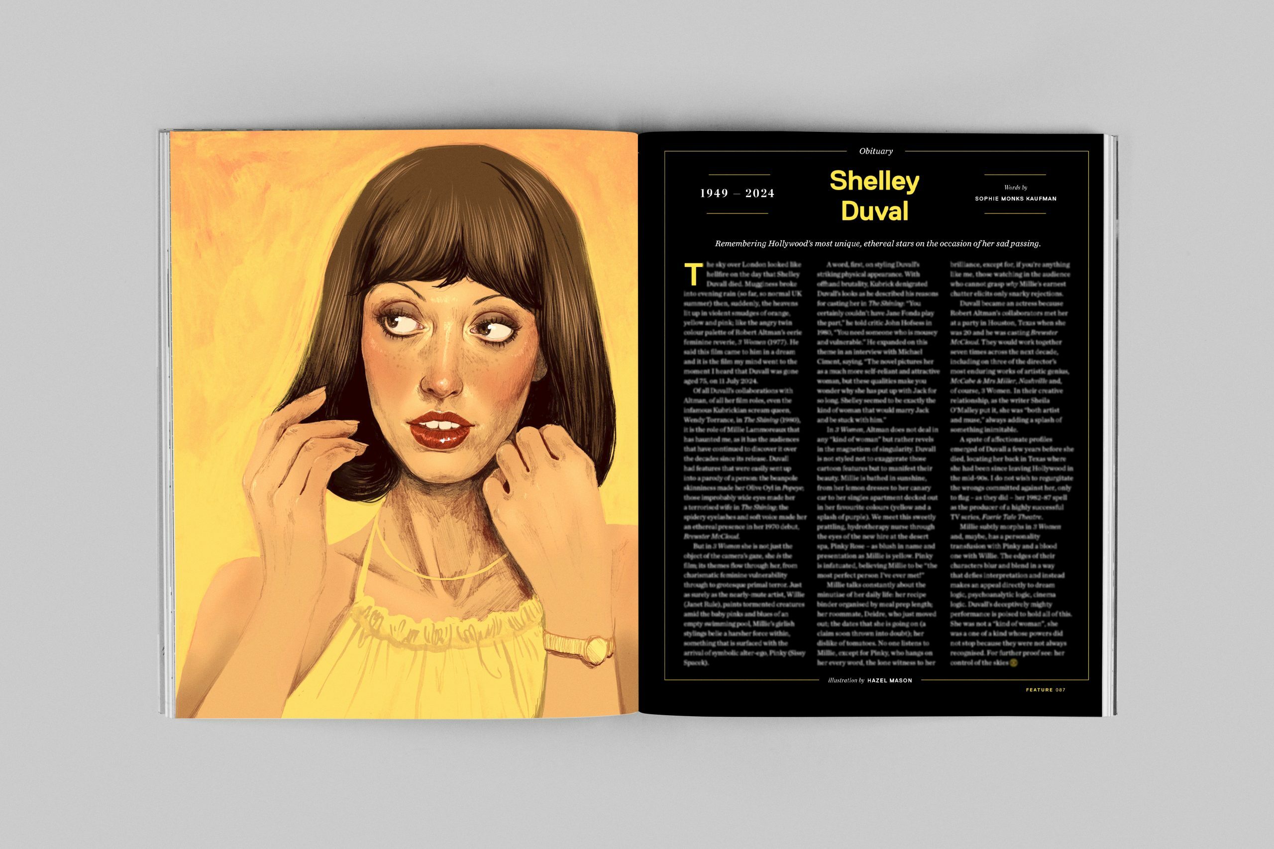 A portrait of a woman with dark hair and large eyes, wearing a yellow dress, alongside text about Shelley Duvall.