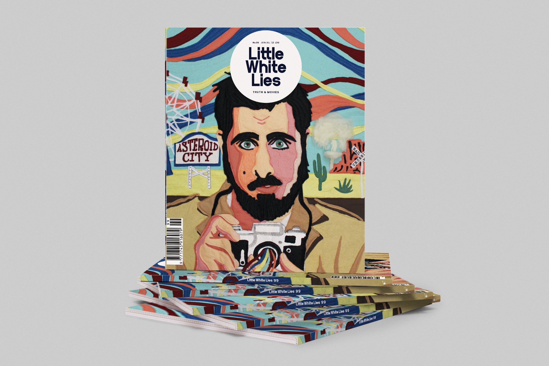 Illustrated book cover depicting a man with a beard wearing a tan jacket, set against a vibrant, abstract background with shapes and colours.
