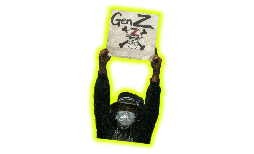 Person in dark clothing and face mask holding white paper with "Gen Z" text and skull drawing, outlined in bright yellow glow on black background.