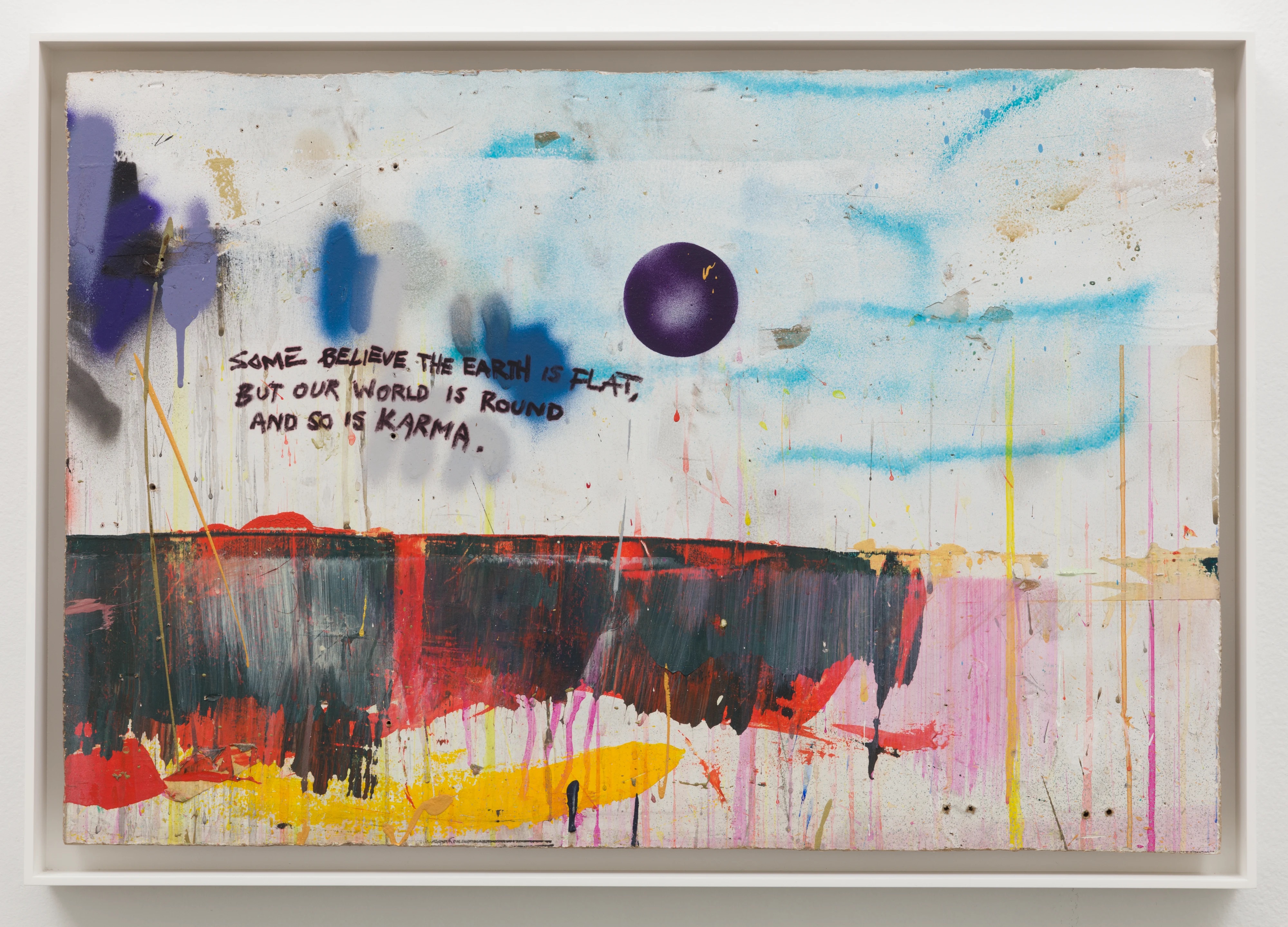 Abstract painting with purple circle on pale blue-grey background, dark horizontal band with red and yellow brushstrokes below, black text on left side, grey frame.