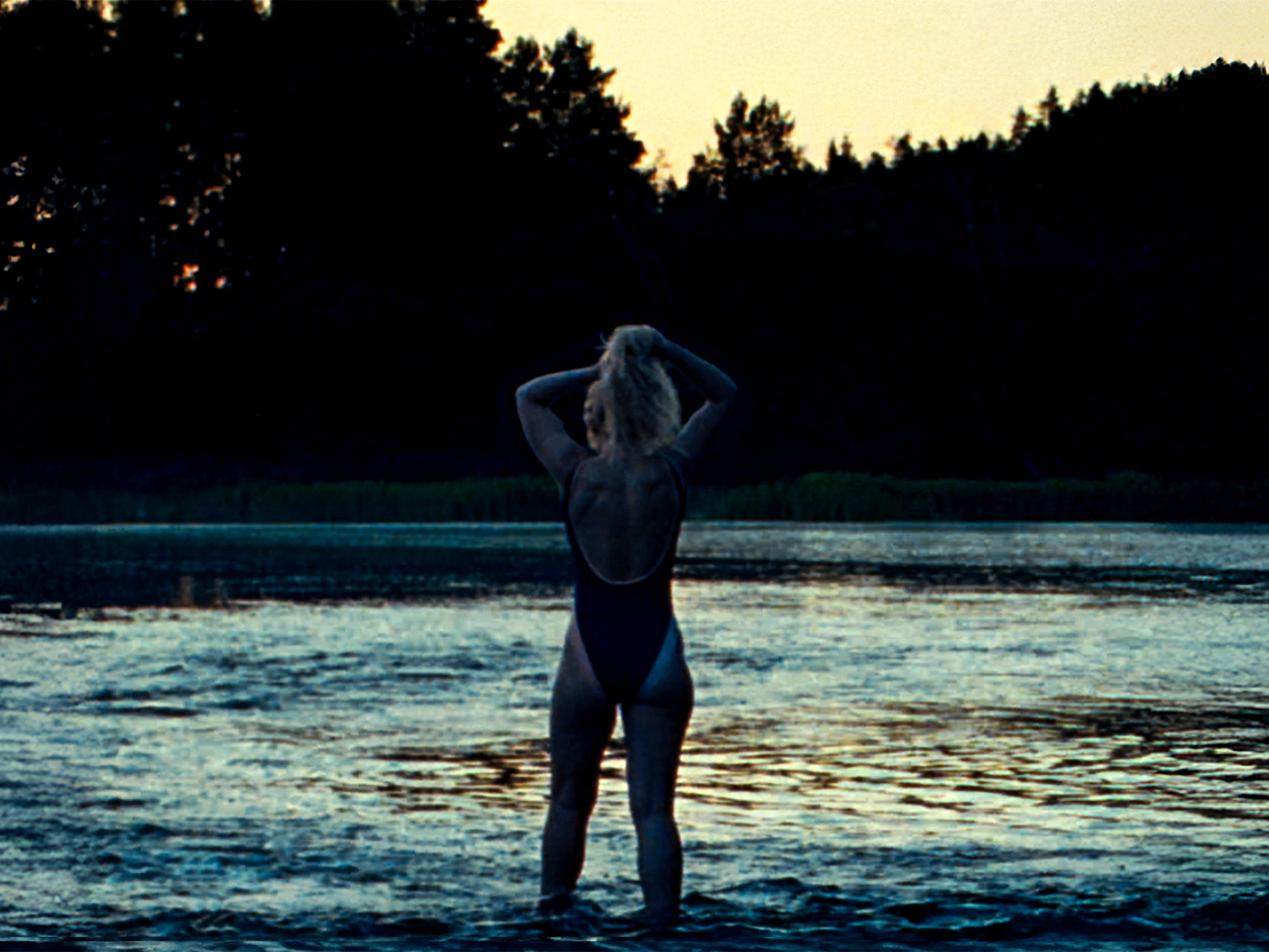 Silhouette of a person standing in a lake at dusk, trees and sky visible in the background.
