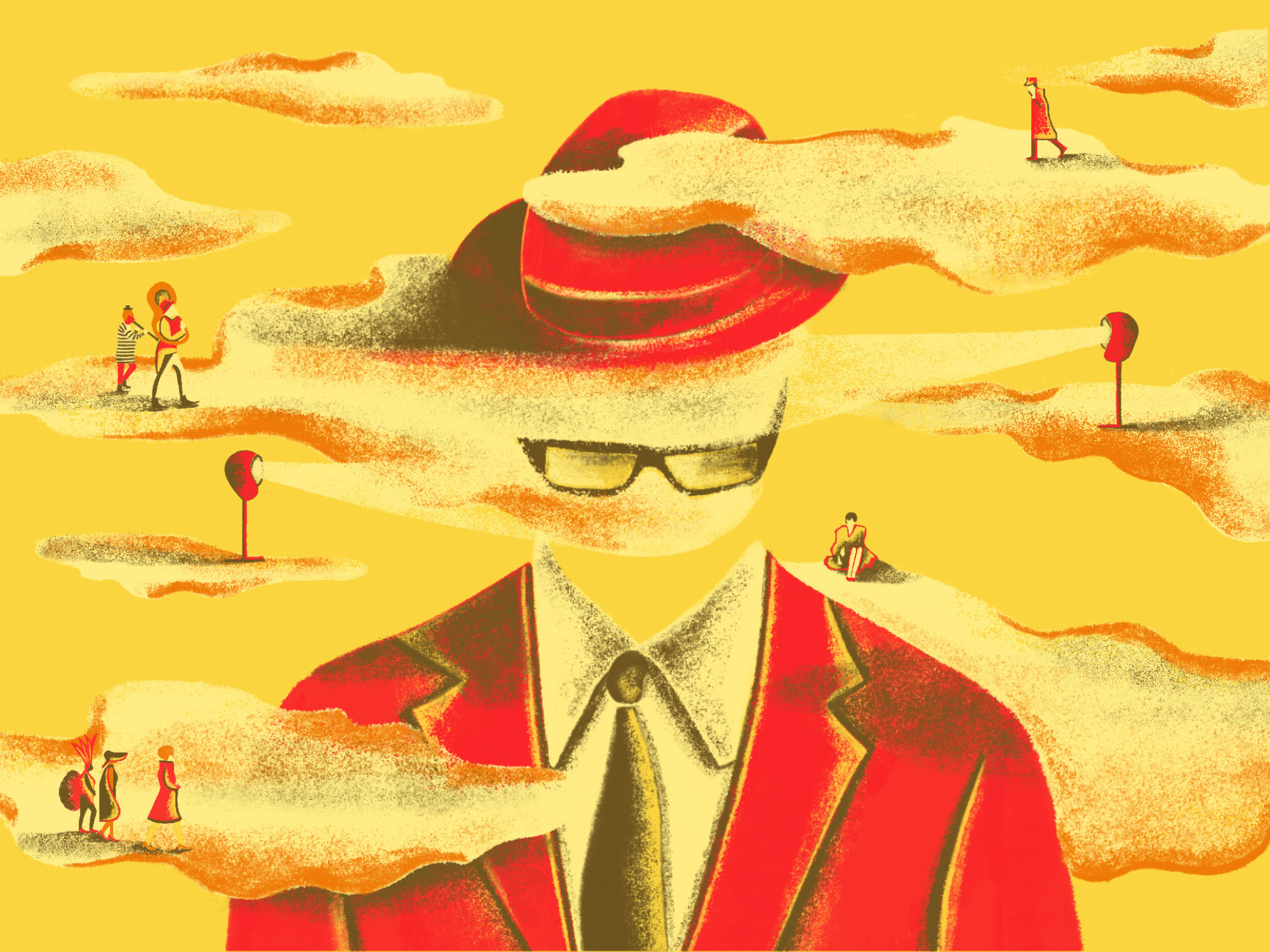 Illustrated surreal scene with central figure in red suit, glasses, and hat against yellow sky with small figures in background.