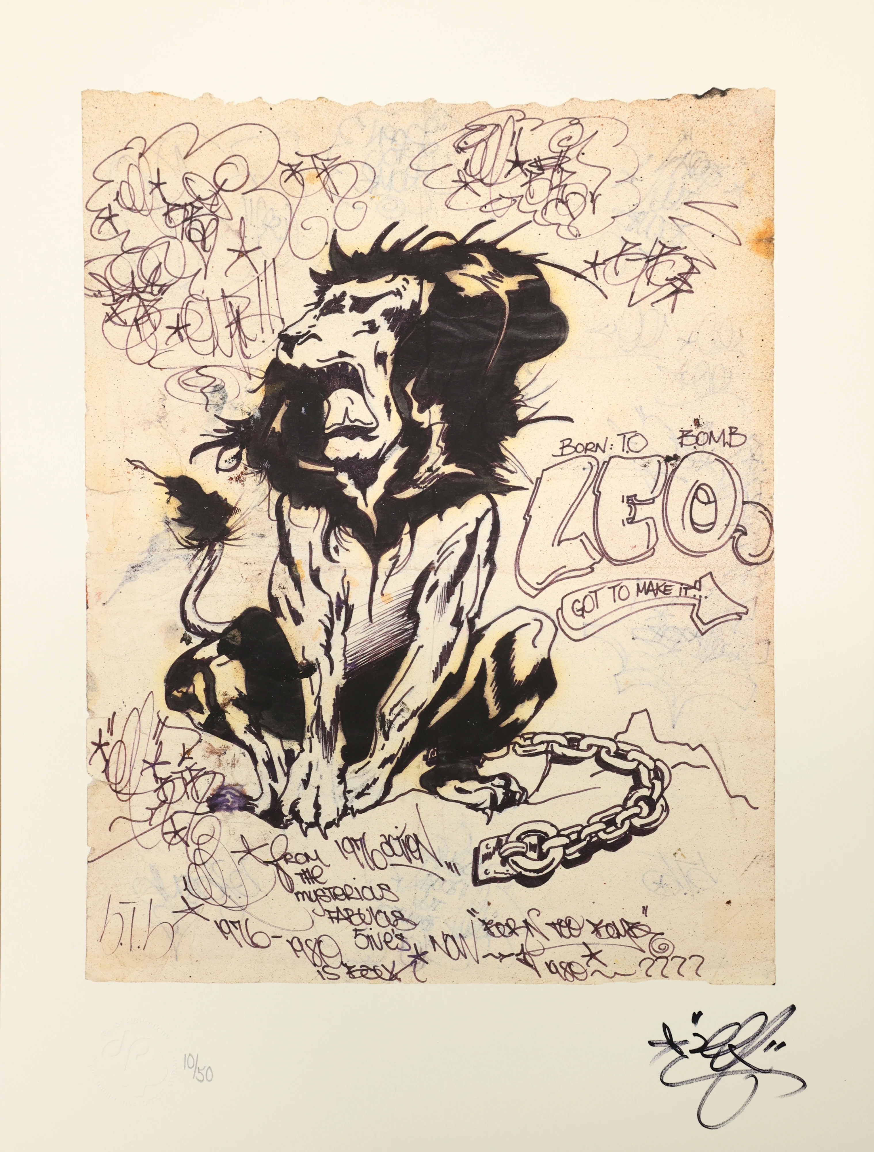Sketch of roaring lion in black ink on cream paper with handwritten text including "Born to be wild" and "1960s", surrounded by loose scribbles.
