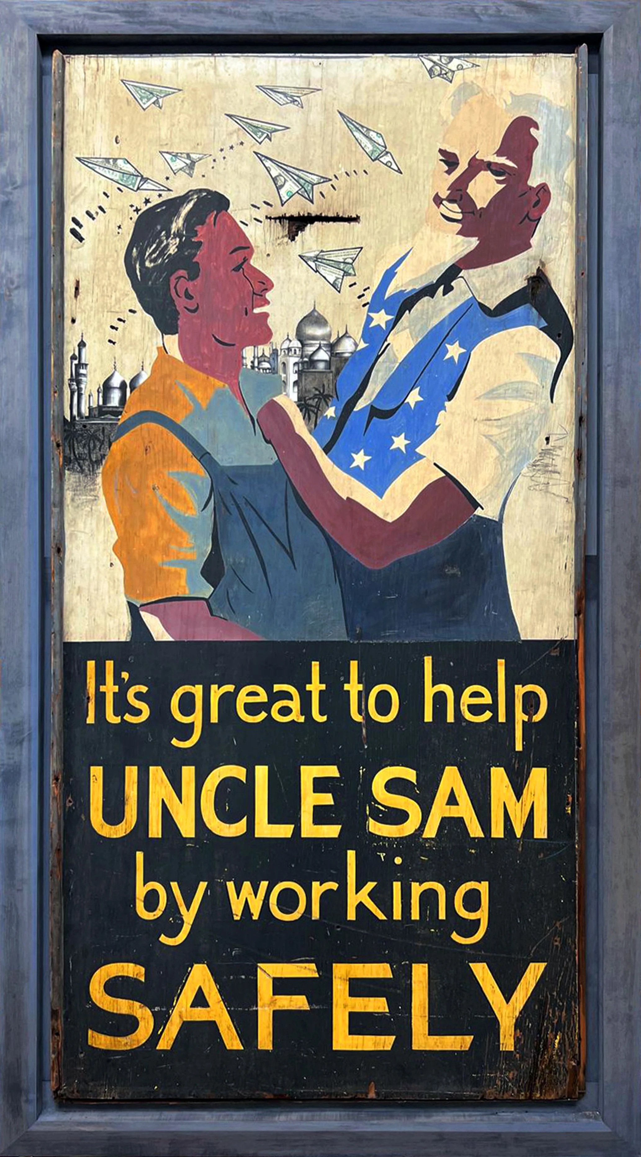 Vintage safety poster with two workers in orange and blue clothing, paper aeroplanes overhead, yellow text below reading "It's great to help UNCLE SAM by working SAFELY".