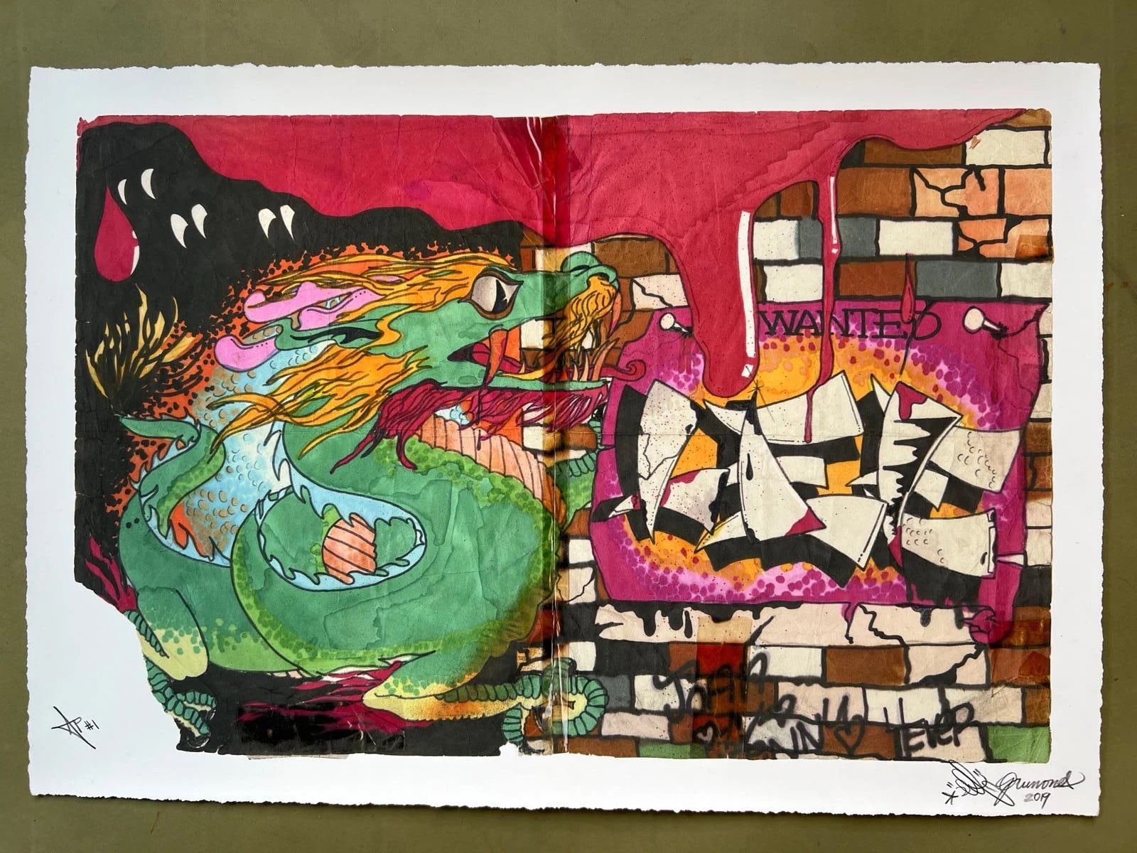 Colourful mixed-media artwork with green creature-like form on left, geometric black and white checkered patterns on right, bright magenta background.