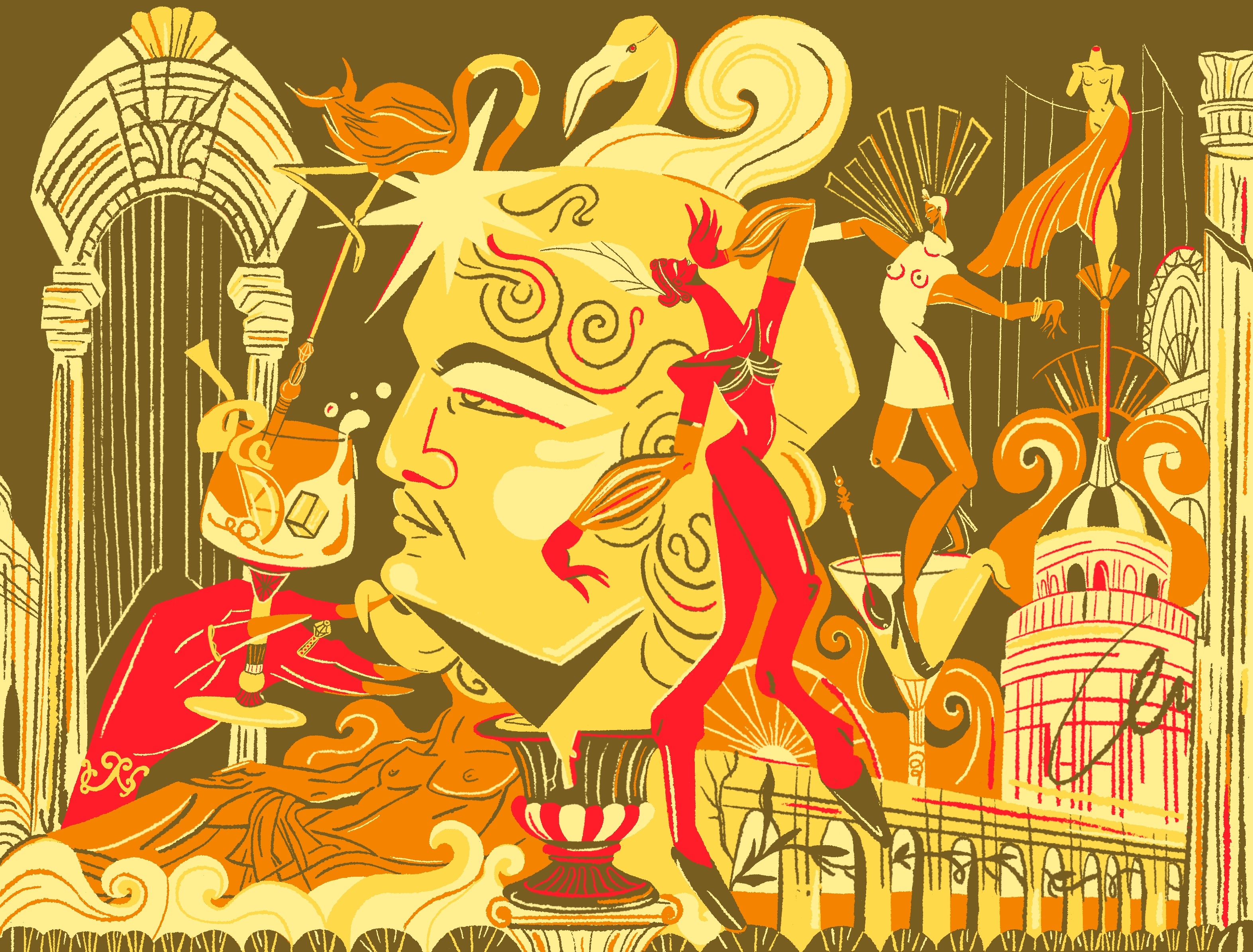 Vibrant illustration with ornate architecture, dynamic figures, and bold use of red, orange, and yellow hues.