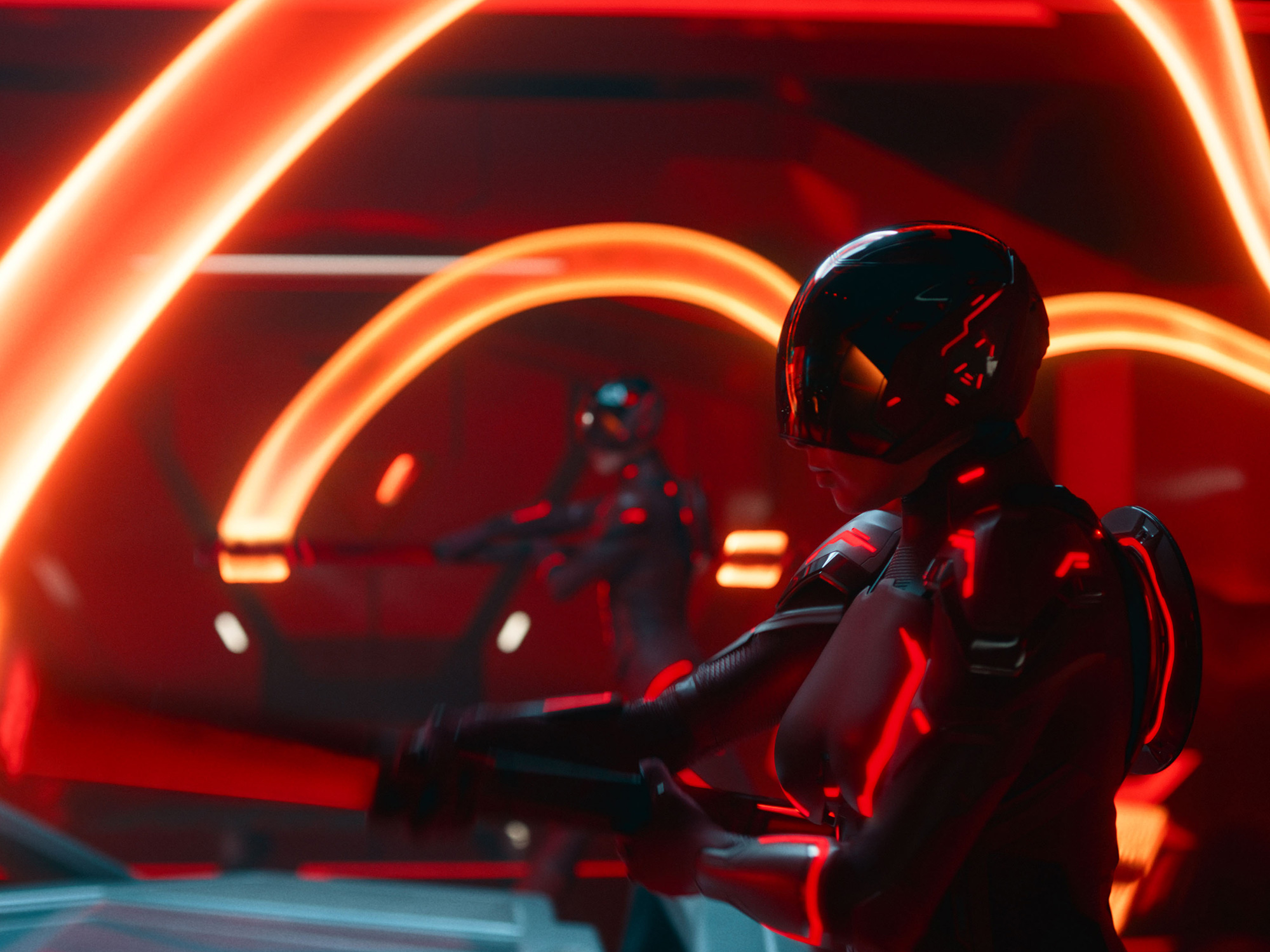 Digital illustration of armoured figure in cockpit with glowing orange curved panels and red lighting throughout interior space.