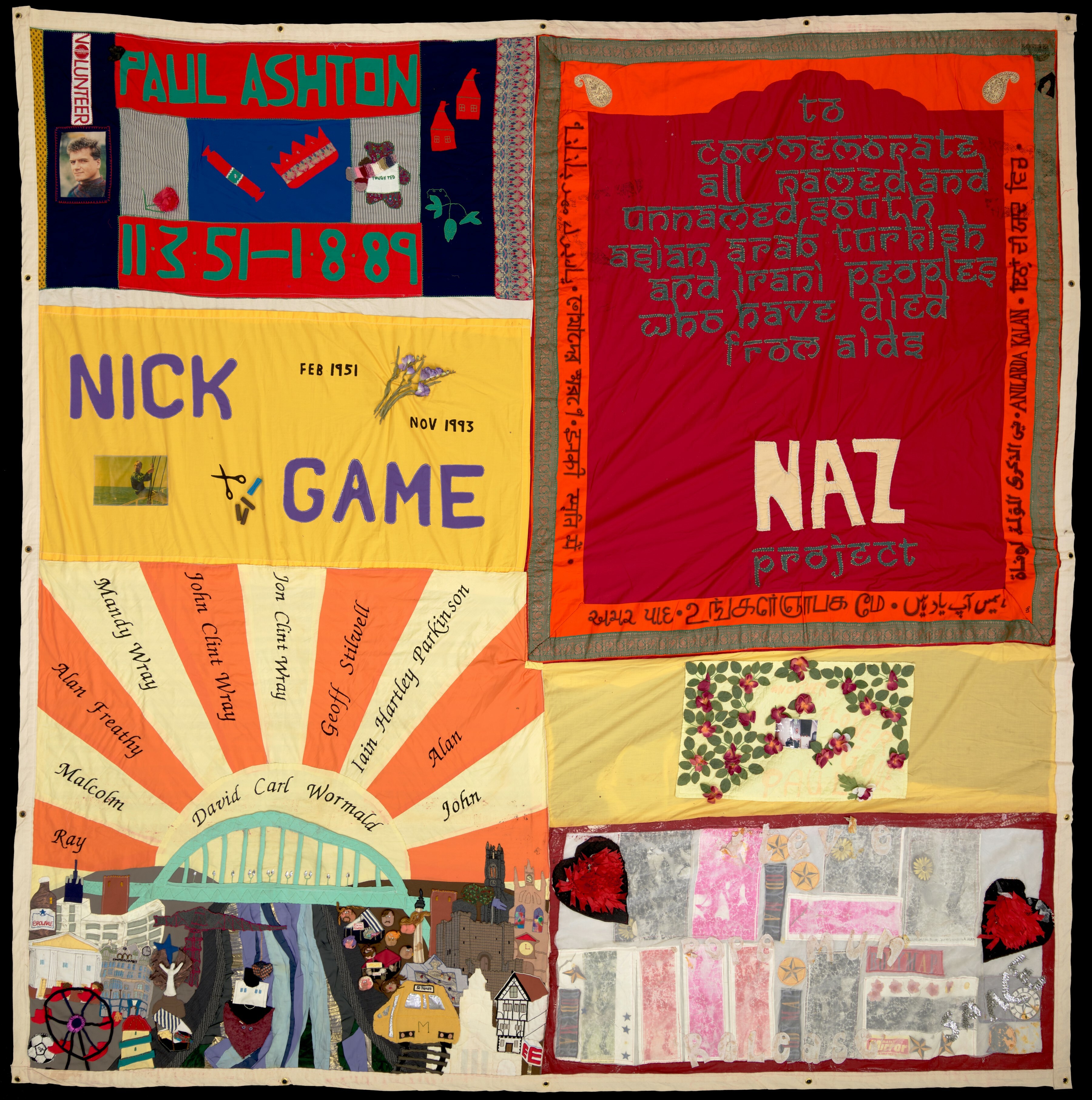 Collage featuring a range of visual elements, including a "Nick Game" diagram, a red "NAZ" banner, and various other abstract shapes, patterns, and text in a vibrant colour palette.