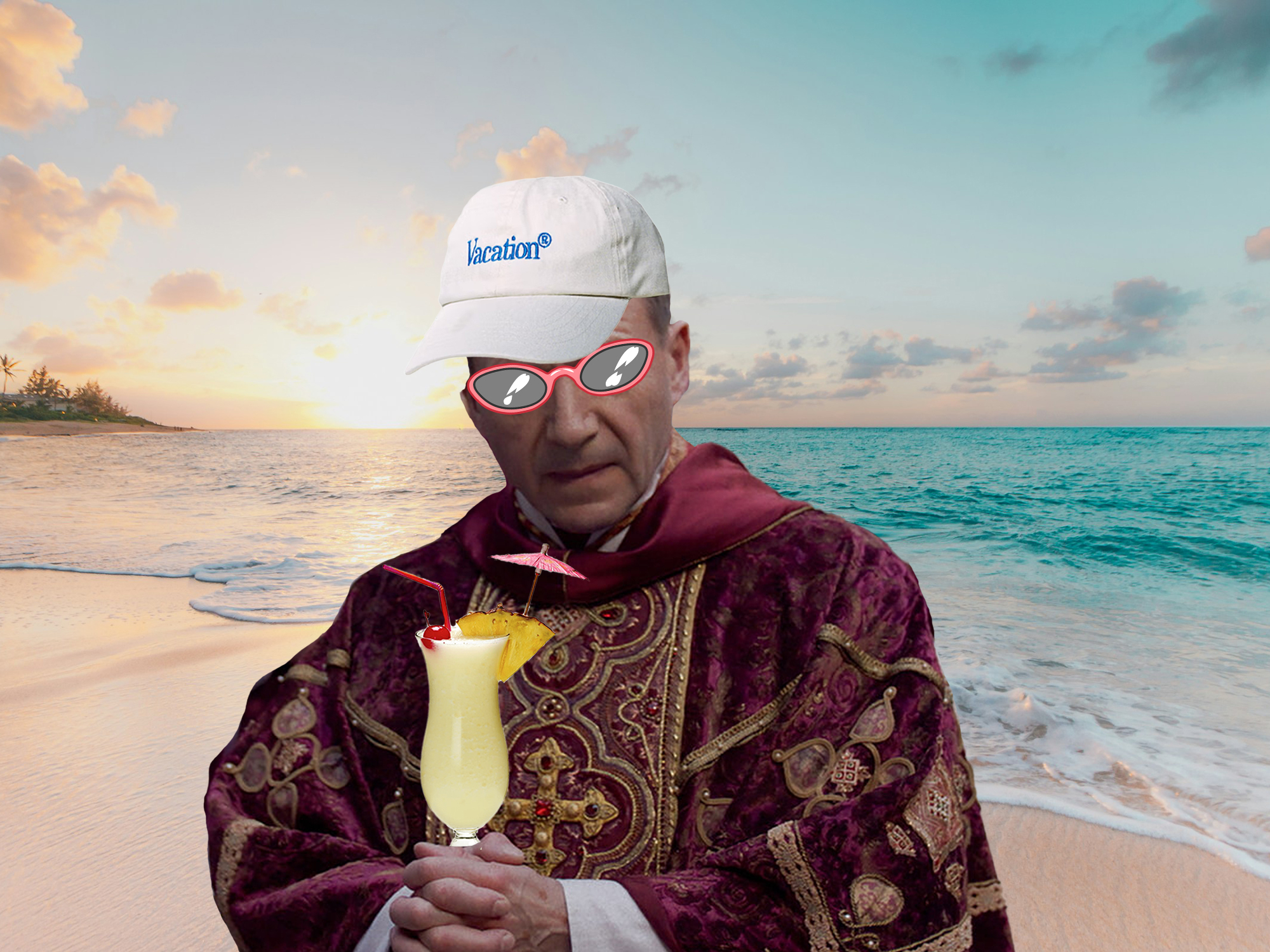 Man in burgundy ornate vestments, white cap, and sunglasses holding yellow cocktail on tropical beach with turquoise water.
