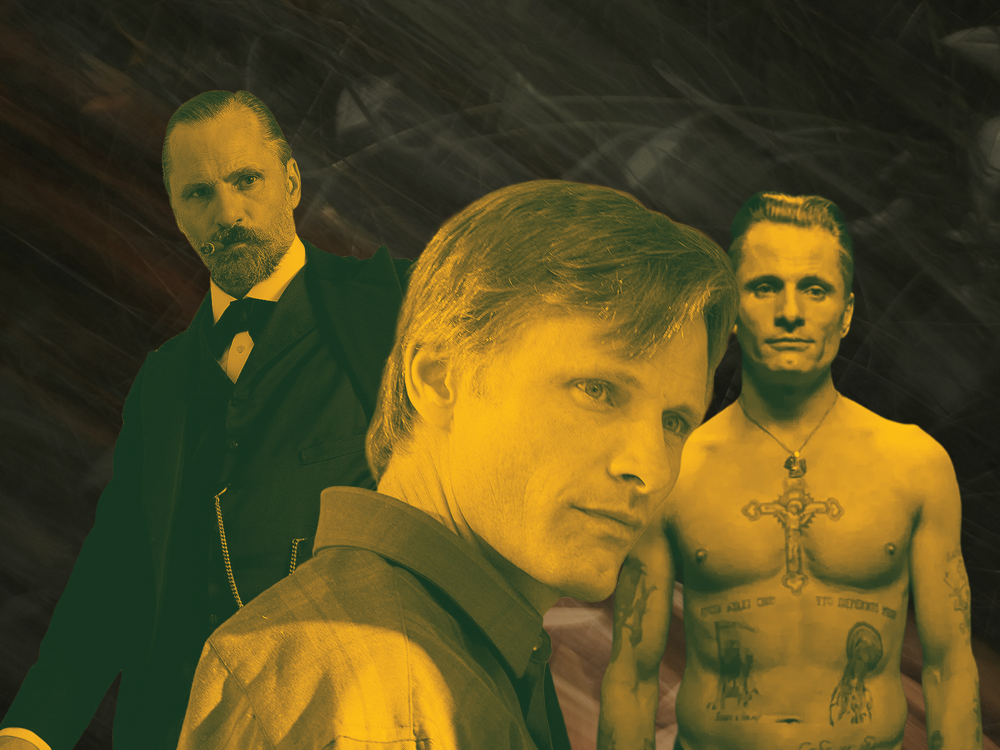Three men in dark stone chamber: suited figure with bow tie left, blonde man in foreground, shirtless tattooed man with cross necklace right.