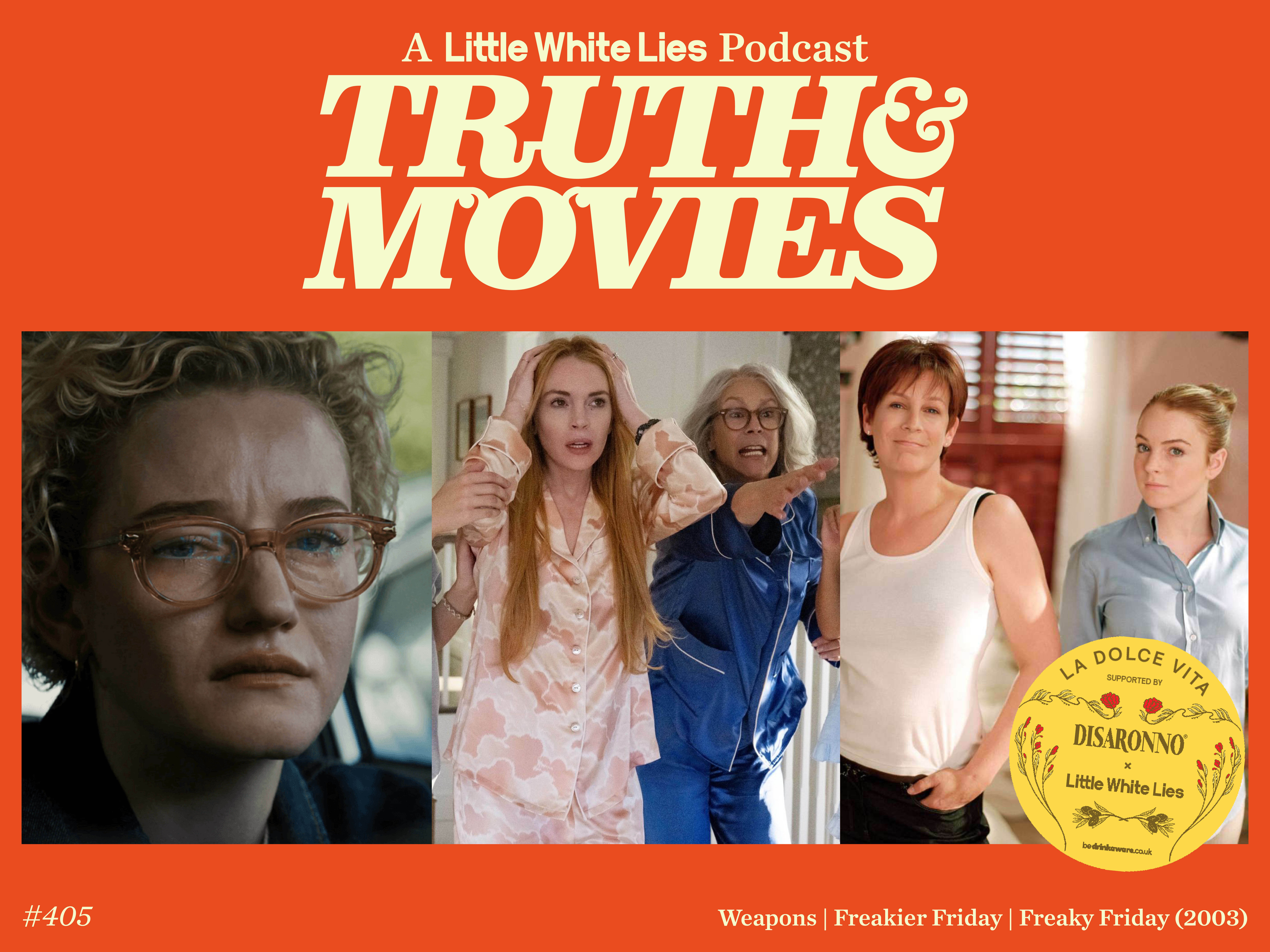 Orange background with white text "TRUTH & MOVIES" at top. Strip of film stills below showing five women characters. Yellow circular badge bottom right.
