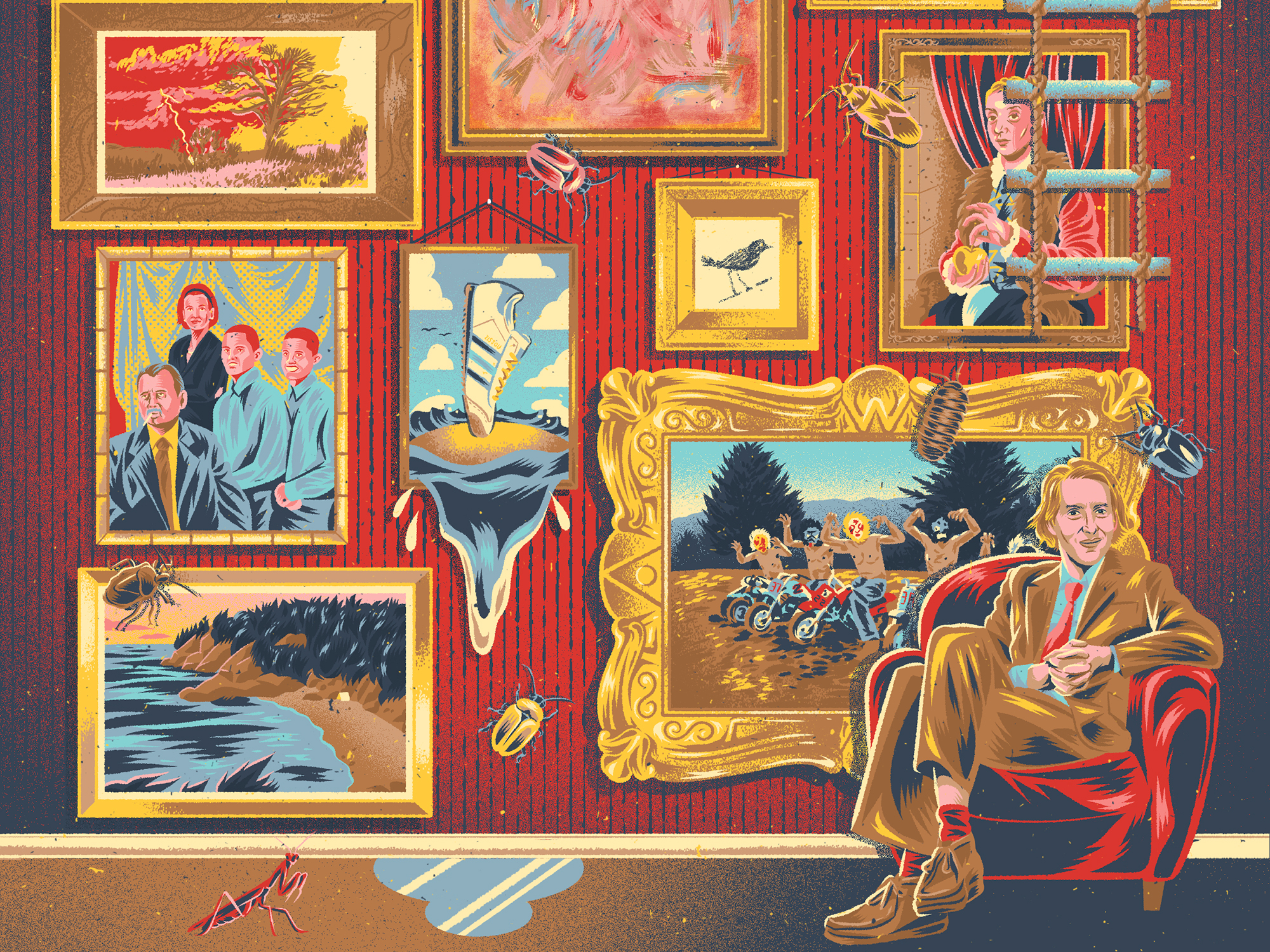Colourful gallery wall with framed paintings, sculptures, and a man sitting in an armchair.