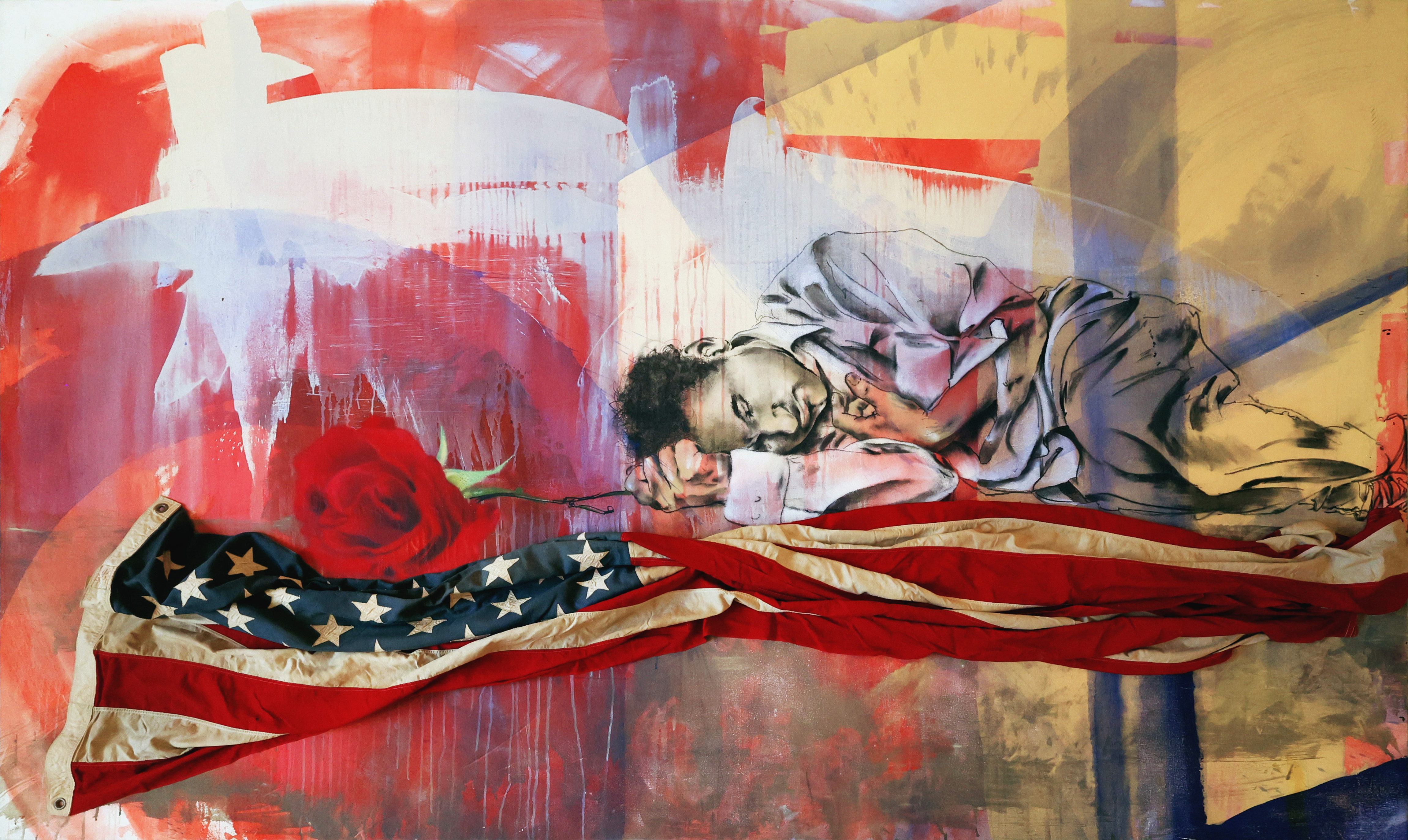 Painting with reclining figure on American flag, red and white brushstrokes above, yellow and brown geometric shapes on right.