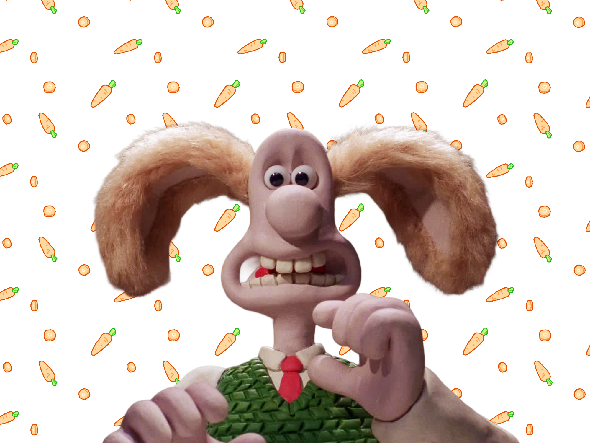 Clay animation character with brown hair, pink skin, prominent teeth, holding green vegetables against white background with orange carrot pattern.