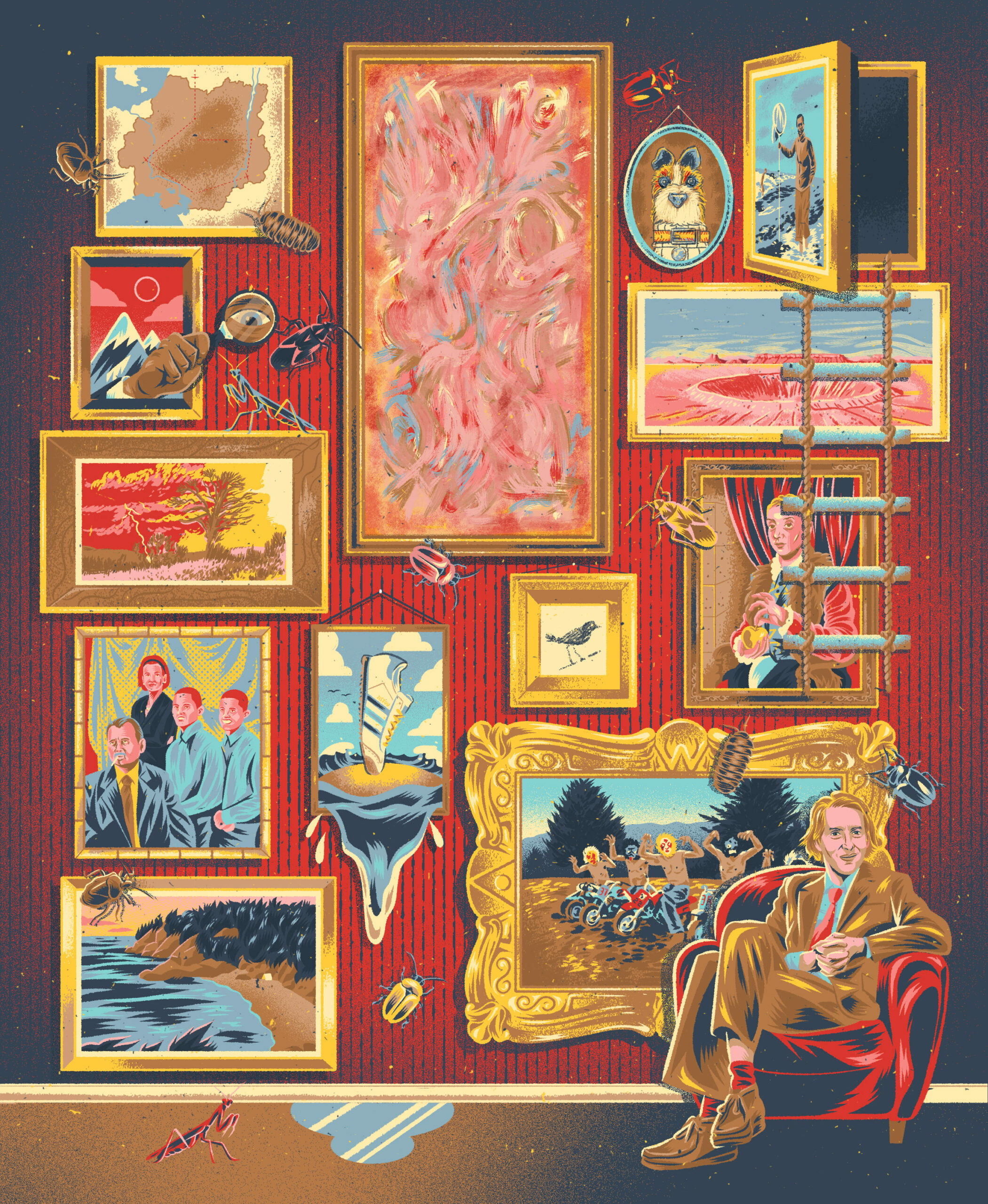 Vibrant paintings, frames, and sculptures arranged artfully on a red wall. Diverse artistic styles and subjects including abstract, figurative, and landscape works. Ornate golden frames contrast with the bold, colourful artworks.