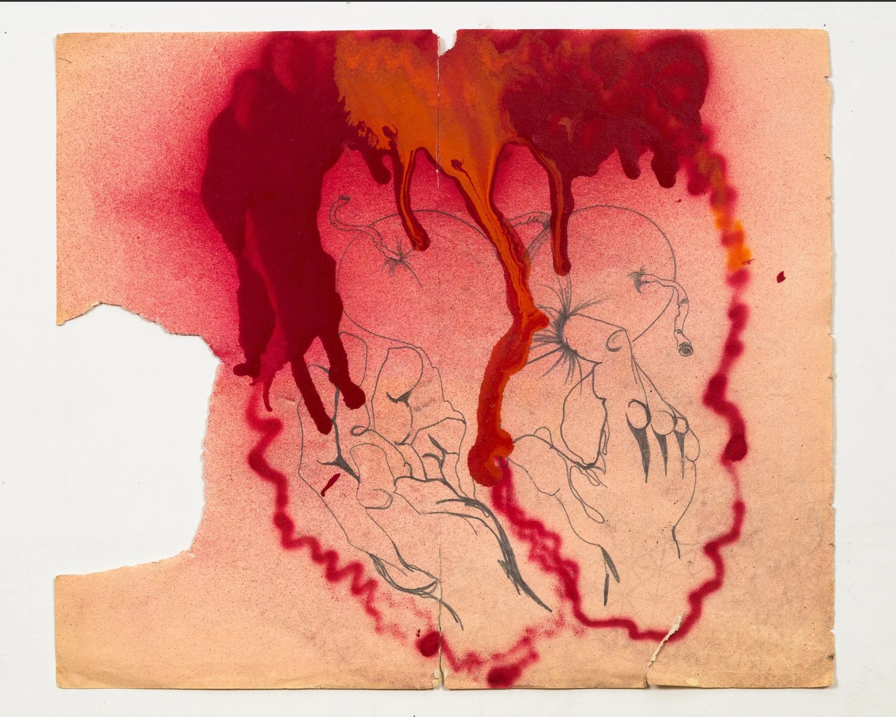 Watercolour painting with red and pink washes forming organic shapes, thin black line drawings scattered throughout on peachy background.