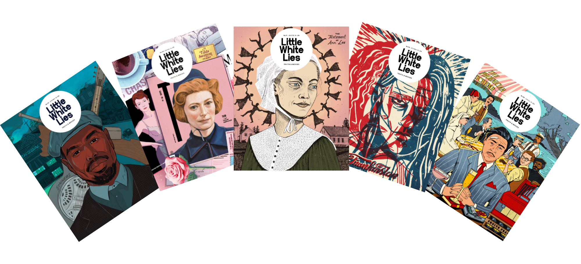 Five colourful magazine covers featuring "Little White Lies" branding, arranged in a fan formation against black background.