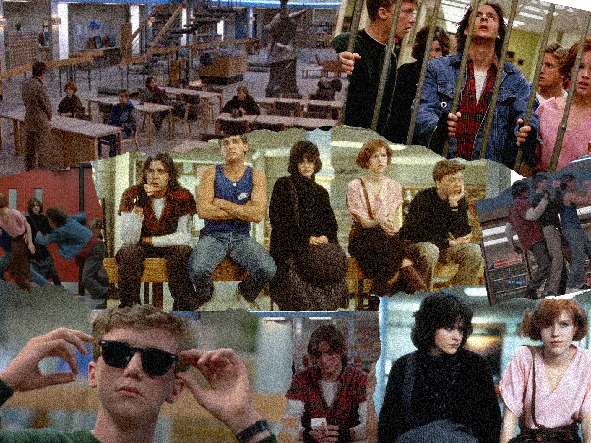 Collage of film stills showing teenagers in 1980s clothing, arranged in rectangular panels with varied lighting and indoor settings.