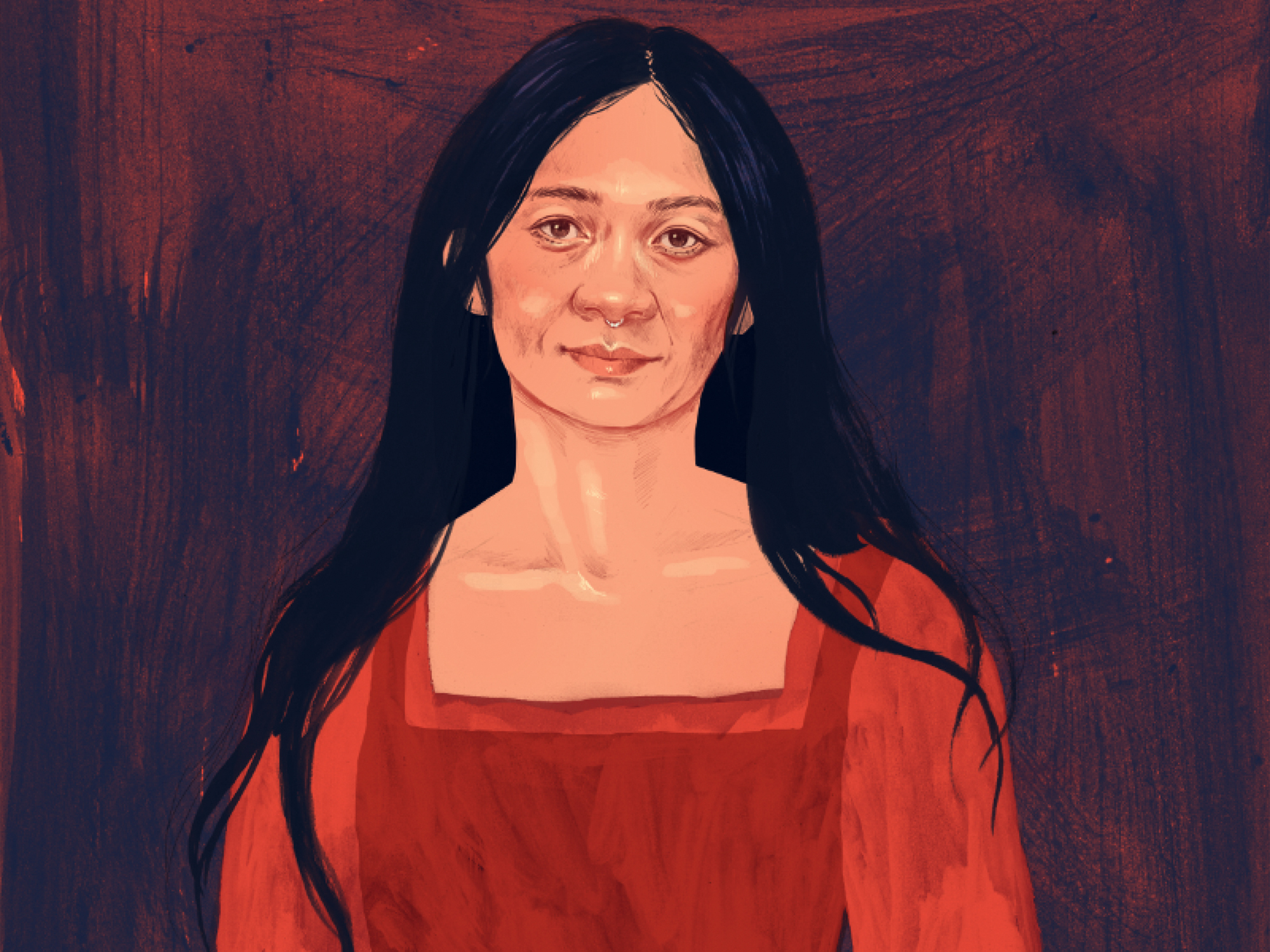 Illustration of woman with long black hair wearing red top against dark reddish-brown background with vertical brushstroke textures.
