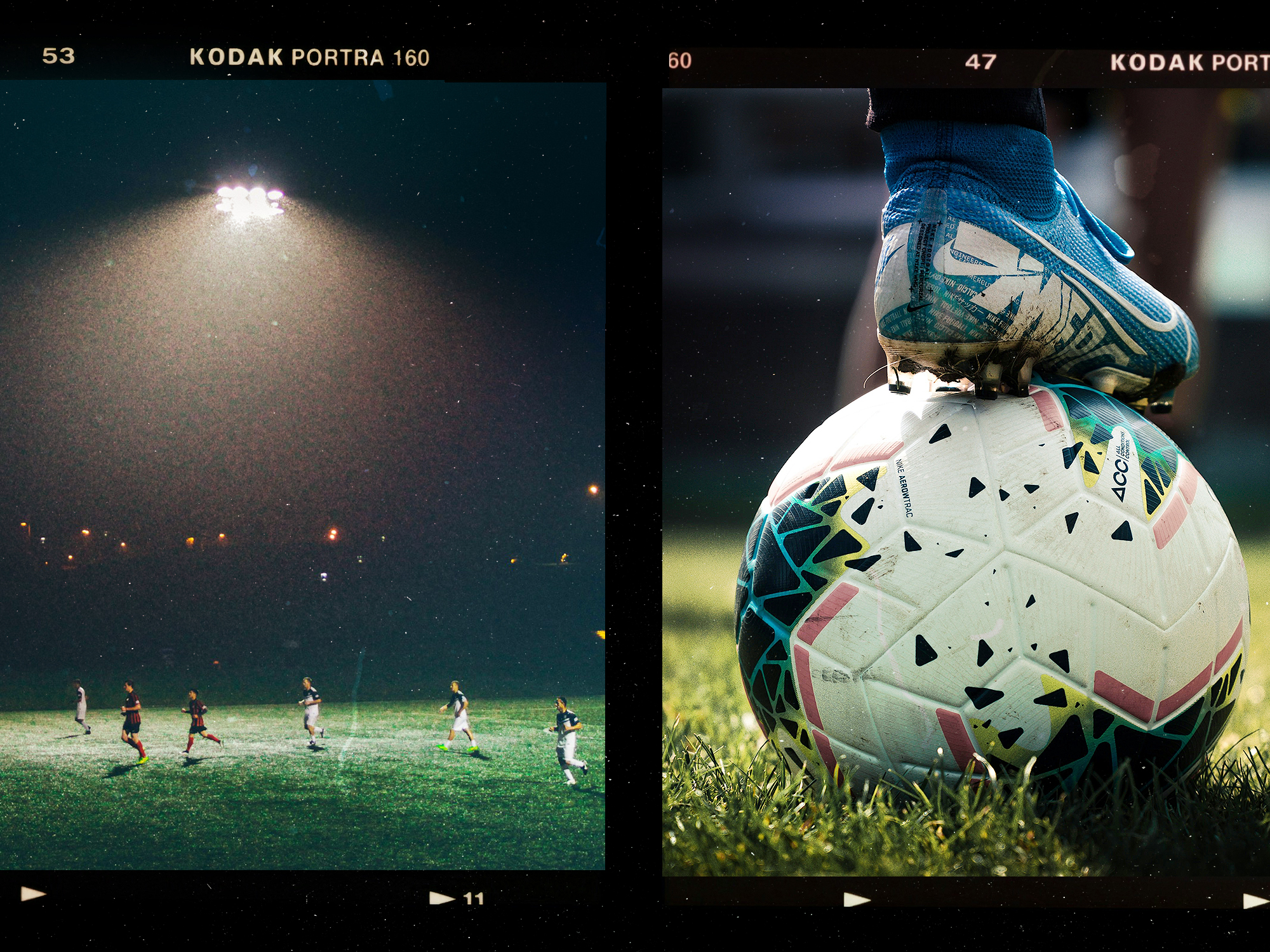 Two film negatives: left shows footballers on pitch under floodlights, right shows close-up of white football with geometric patterns on grass.